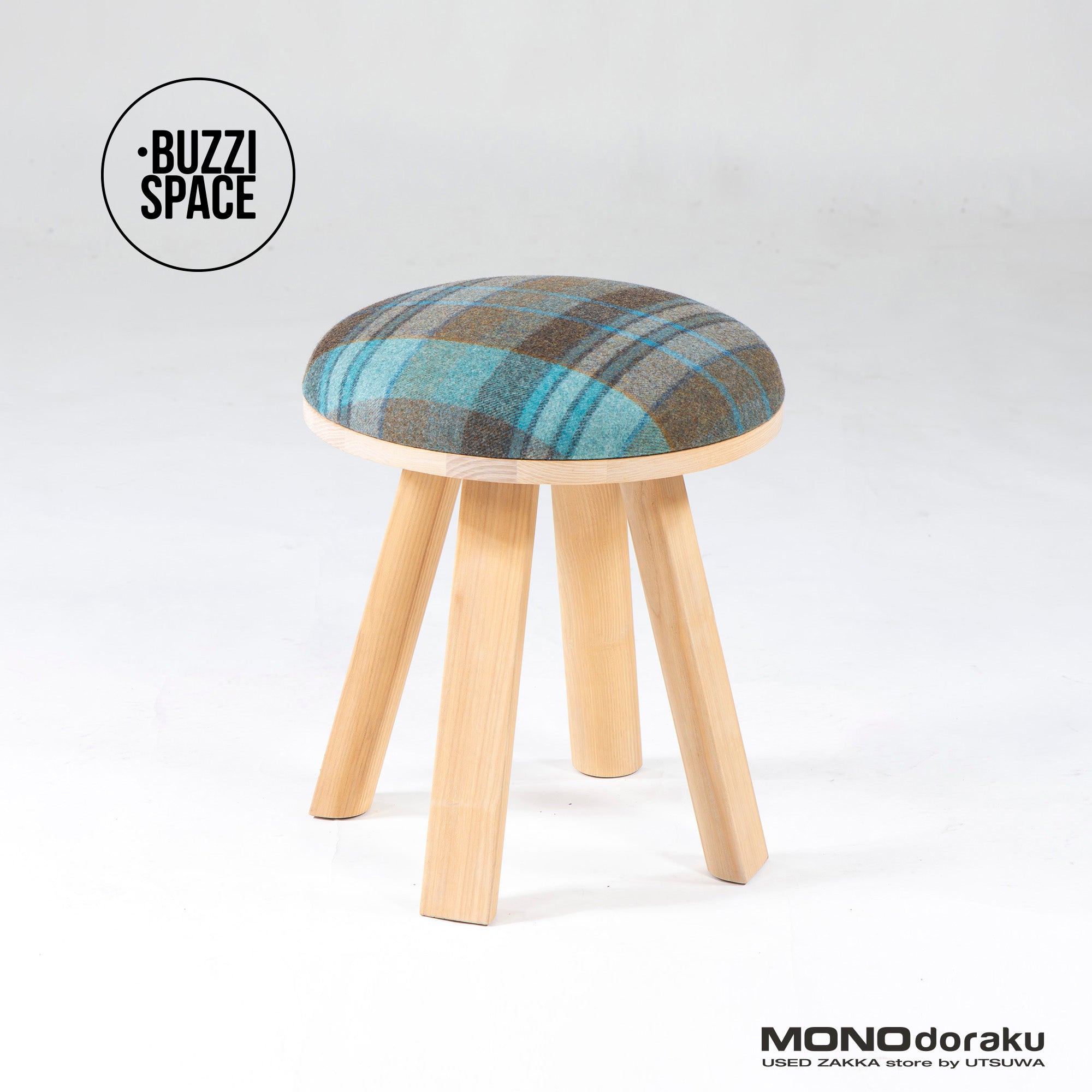 スツール BUZZISPACE バジィスペース BUZZIMILK ラウンドスツール ブルー チェック柄ファブリック アッシュ無垢材 北欧 ナチュラル モダン
