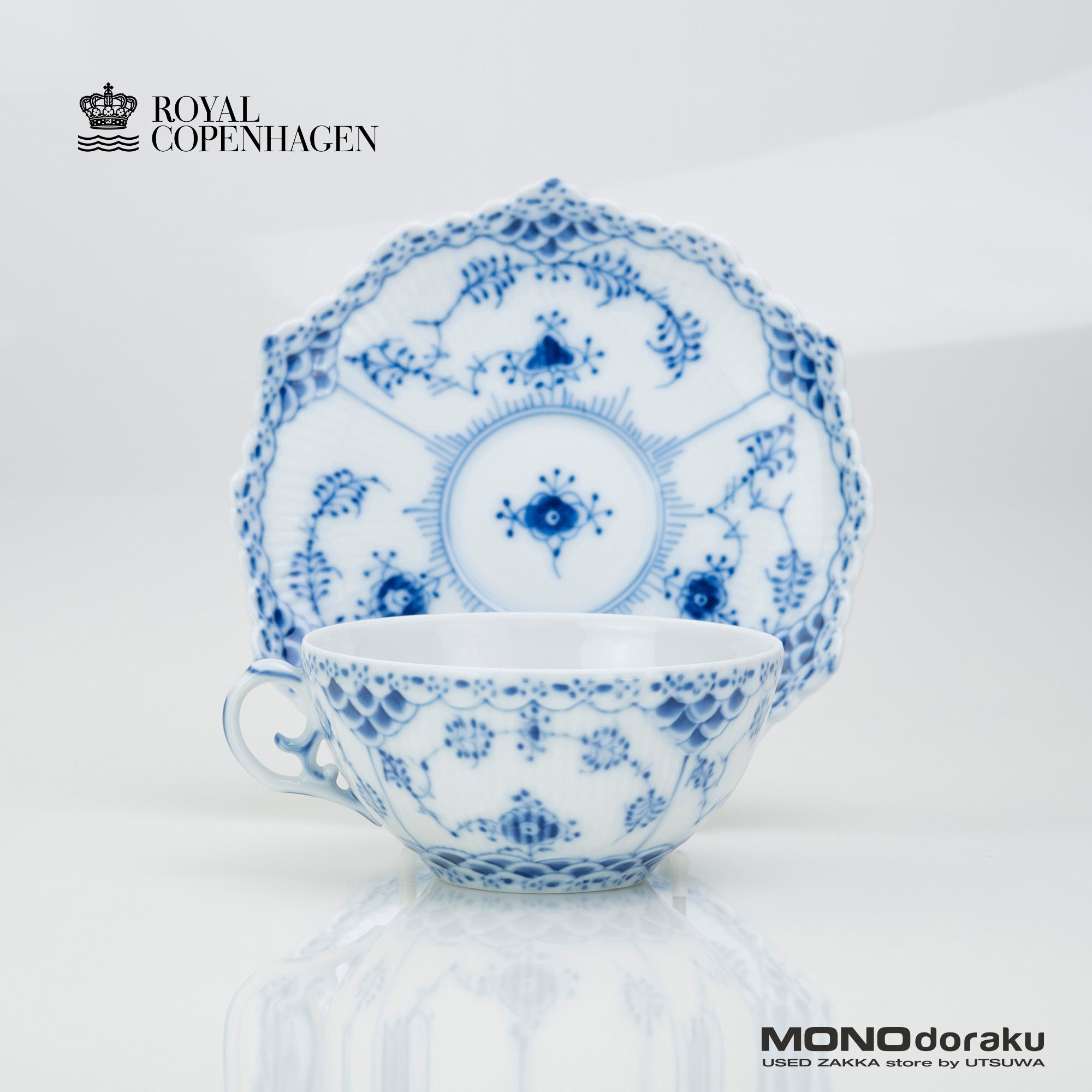 Royal Copenhagen Blue Fluted Full Lace Teacup &amp; Saucer 1992-1999 (2)