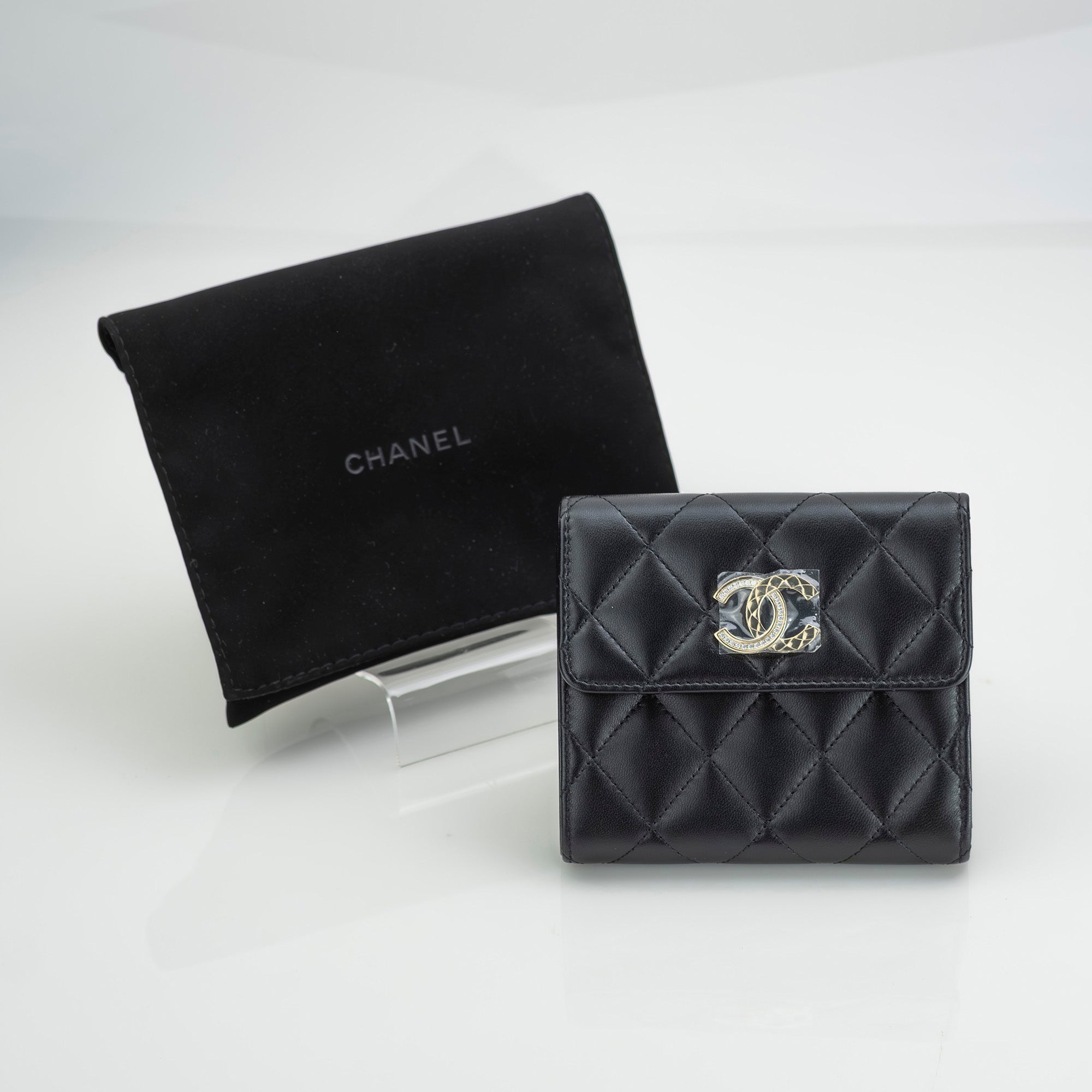 CHANEL Matelasse Lambskin Tri-fold Wallet with Coco Mark and Rhinestones, Black, Excellent Condition