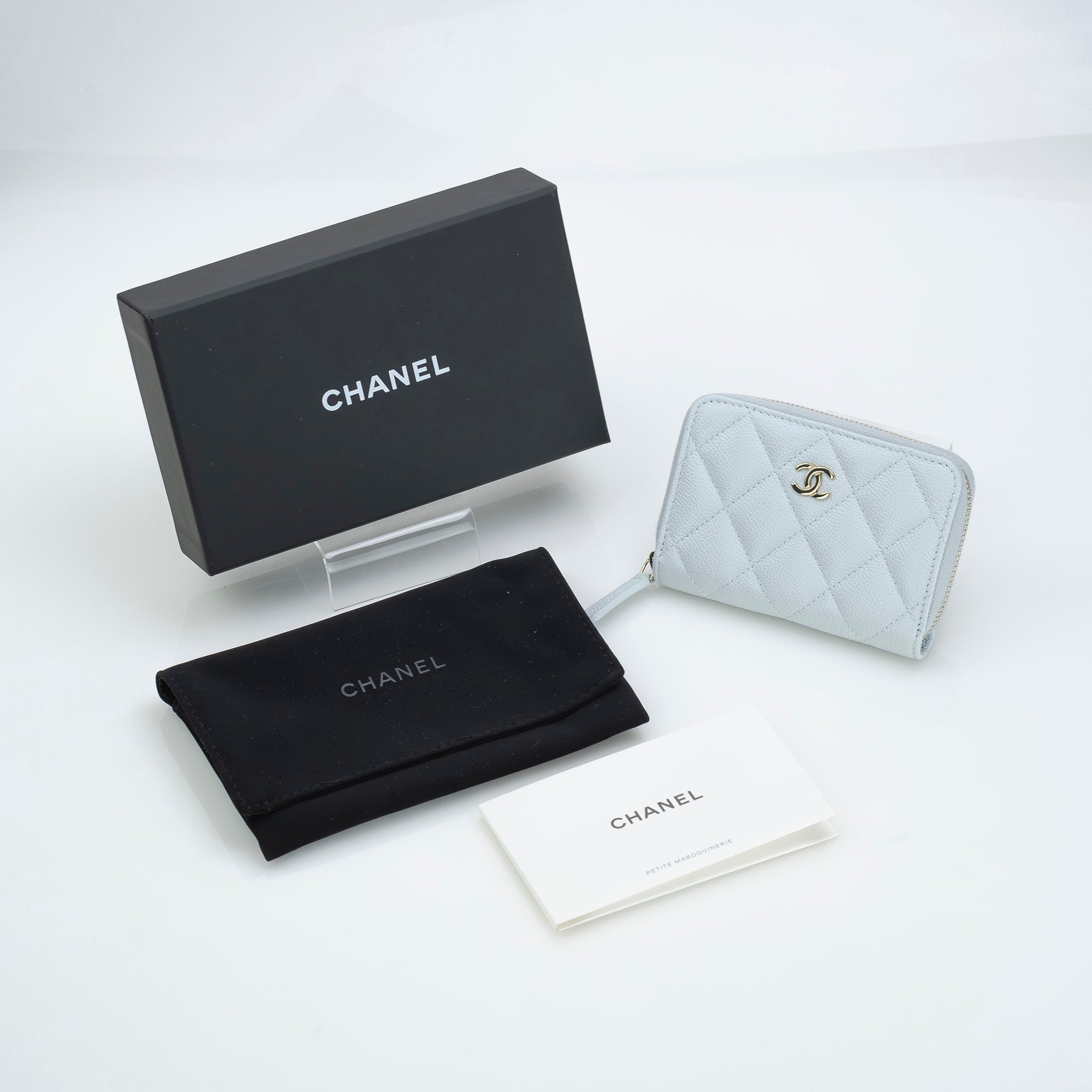 Chanel Matelasse Coco Mark Caviar Leather Coin Case/Card Case, Light Blue, Excellent Condition, Box and Dust Bag Included