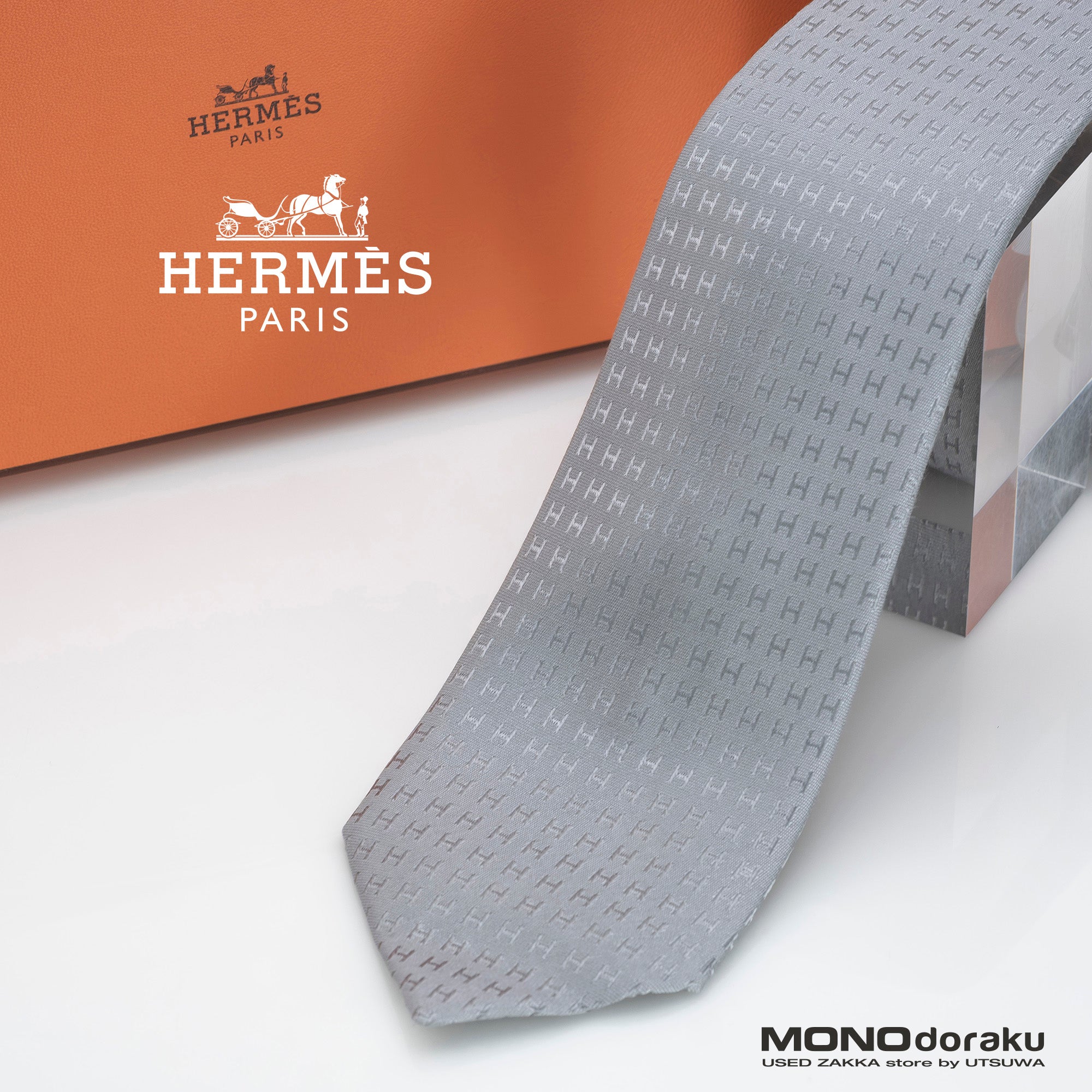 Hermès 100% Silk Tie with H Logo, Gray, Luxury Brand, Men's, Business, Formal