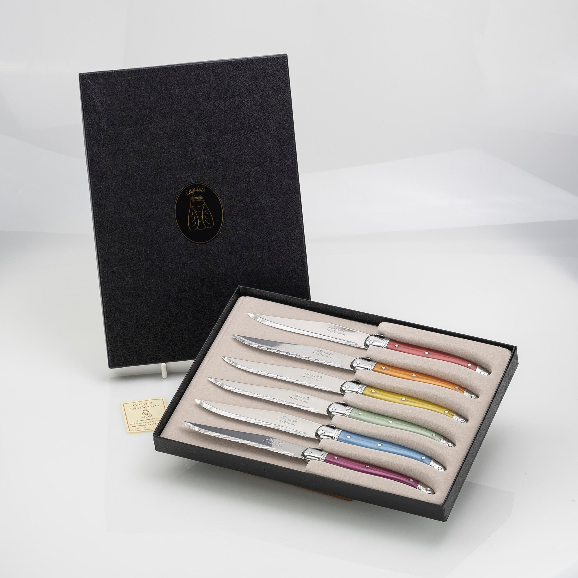 Laguiole Steak Knife Set of 6 with Colorful Handles and Bee Motif, Includes Case