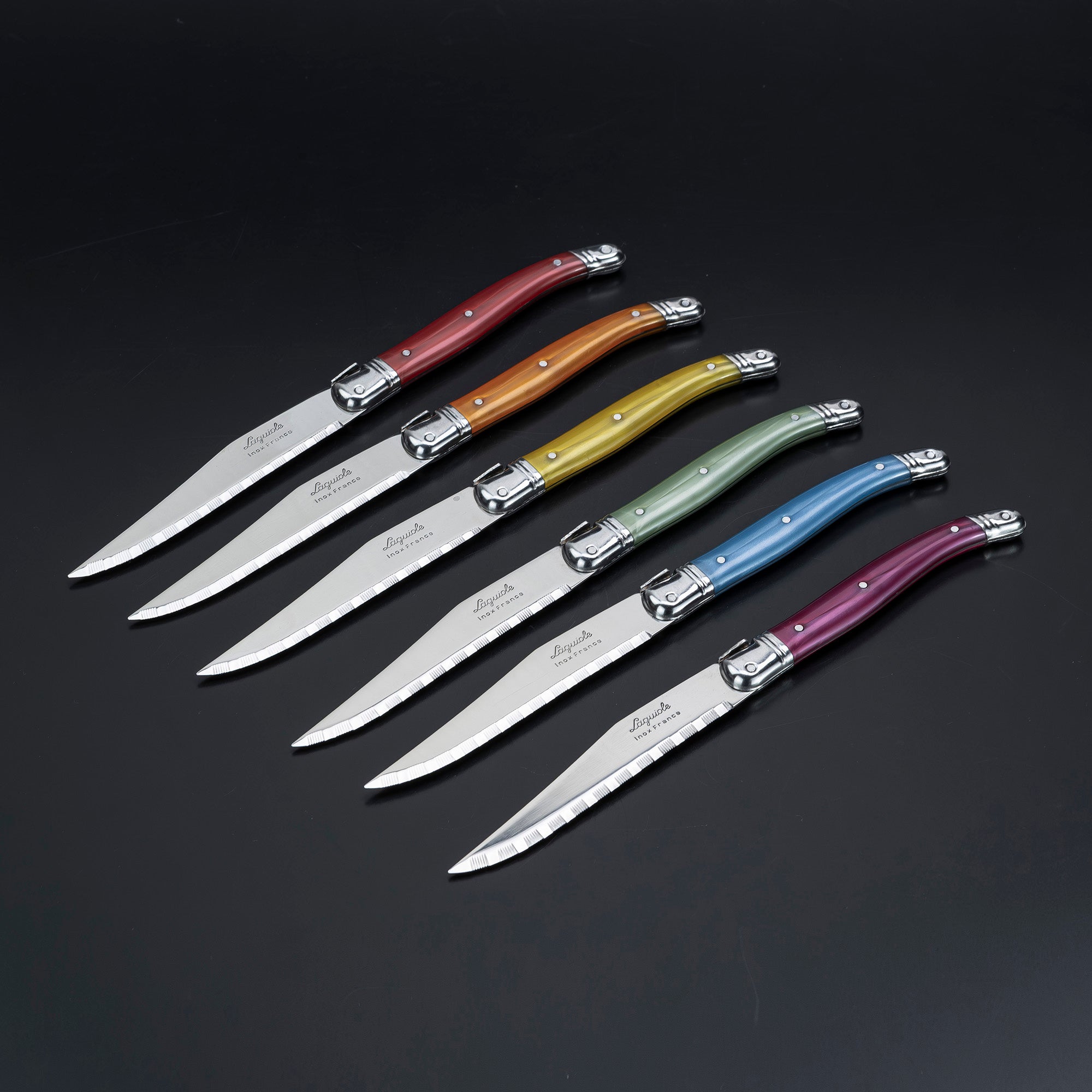 Laguiole Steak Knife Set of 6 with Colorful Handles and Bee Motif, Includes Case