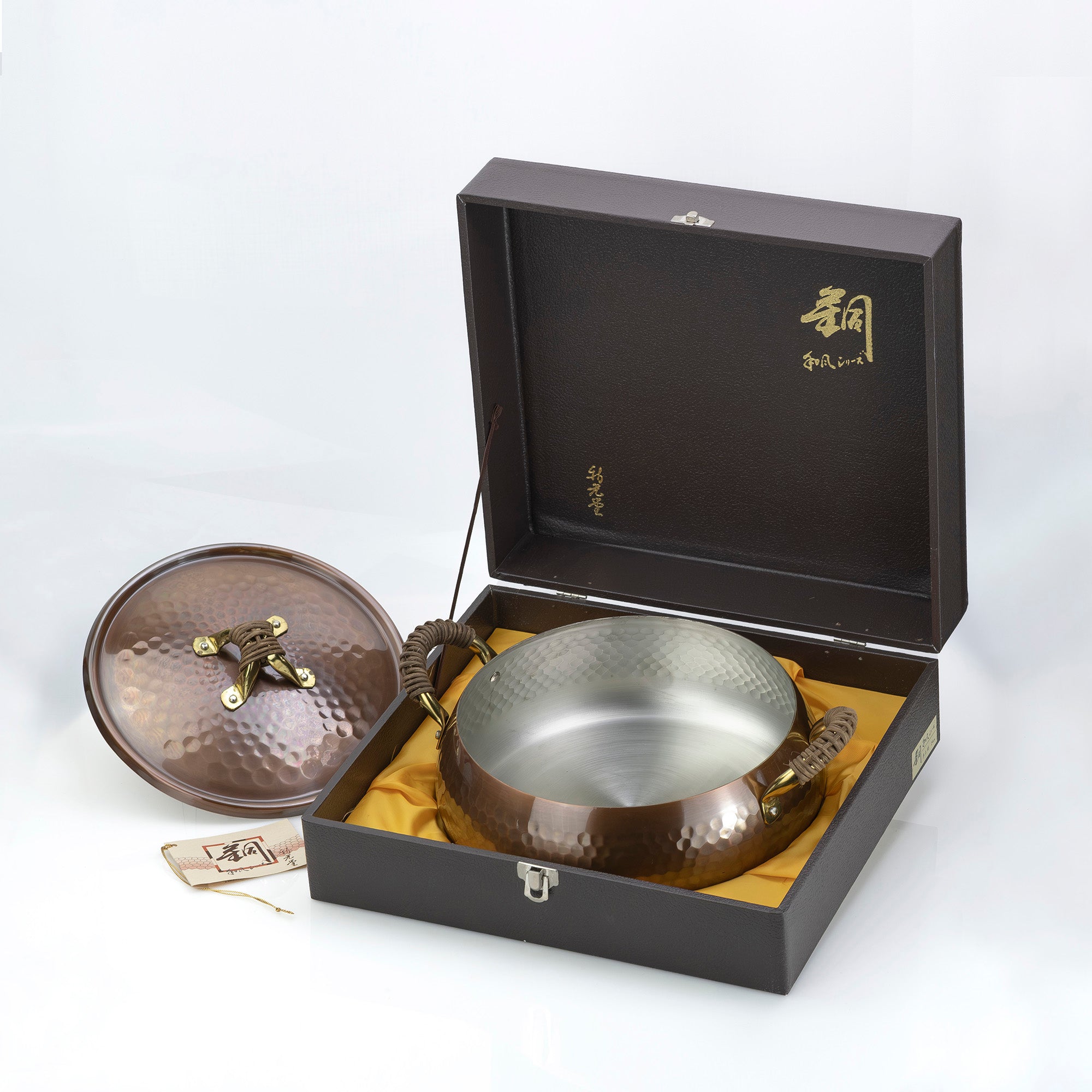 Copper double-handled pot for sukiyaki and shabu-shabu, with handles, suitable for tabletop use, made in Japan by Shinkodo