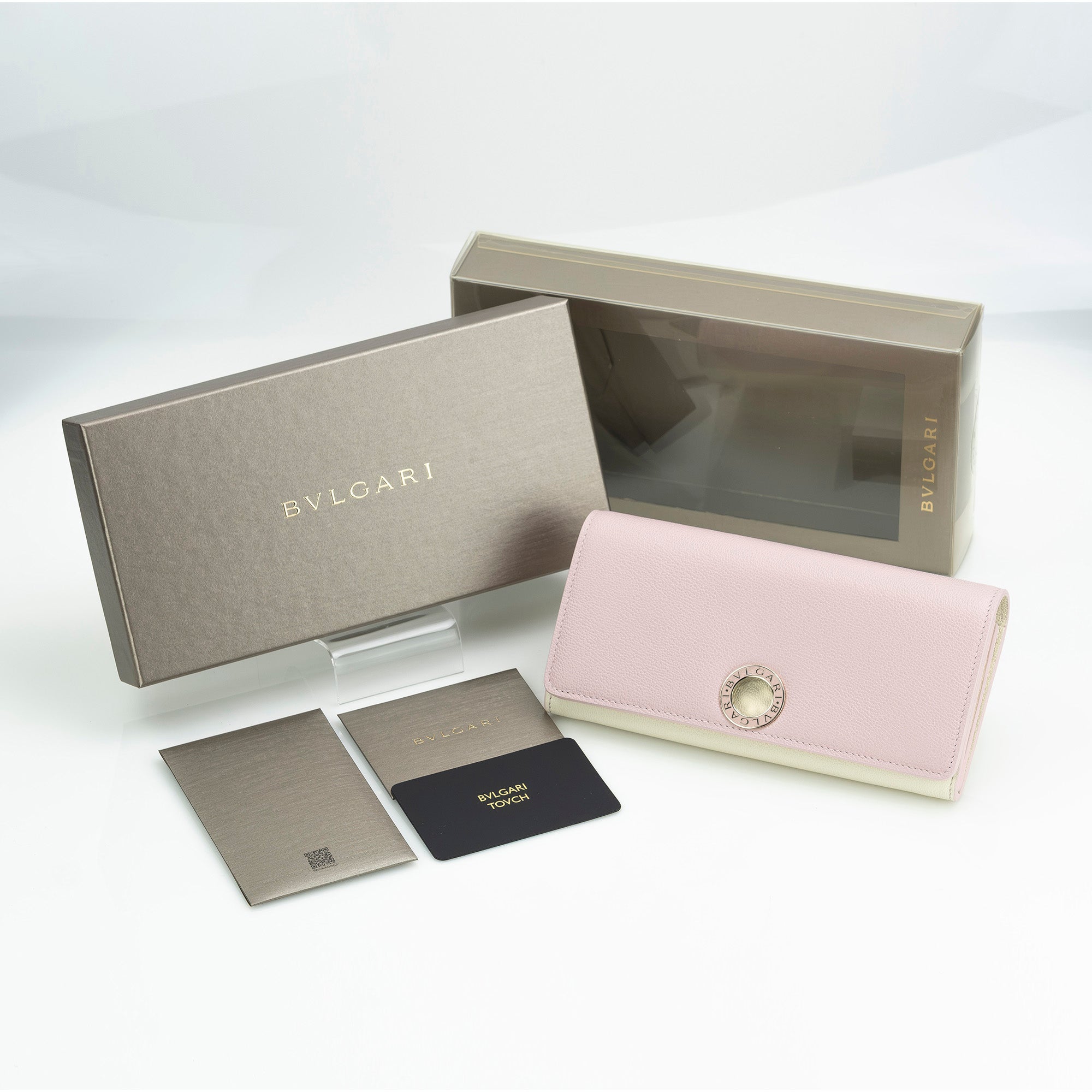 BVLGARI Women's Two-Tone Pink and White Leather Flap Wallet with Logo Clip (Excellent Condition, Box Included)