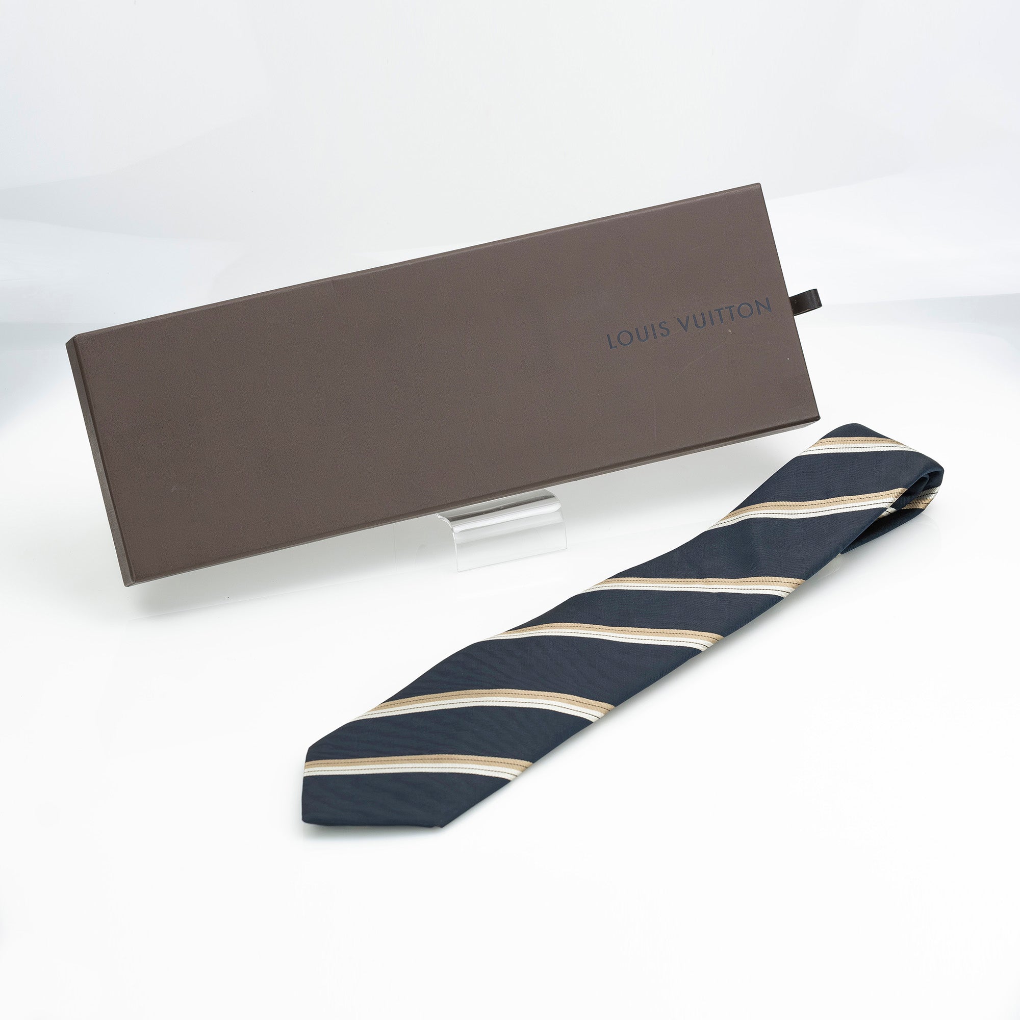 Louis Vuitton tie, 100% silk, striped pattern, navy and gold