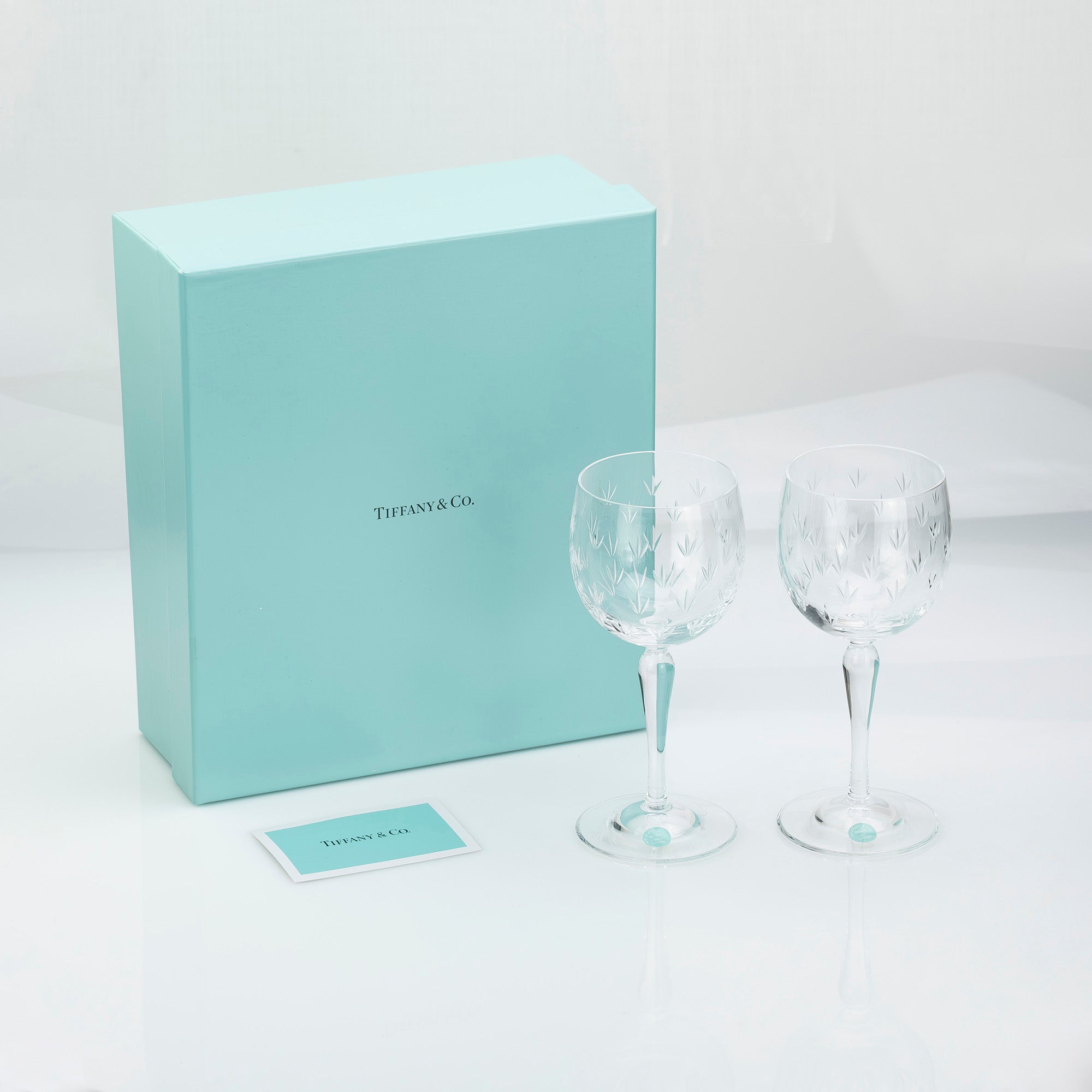 ティファニー TIFFANY & Co. フローレット クリスタルワイングラス ペア 花模様 エッチング 【美品・箱付】