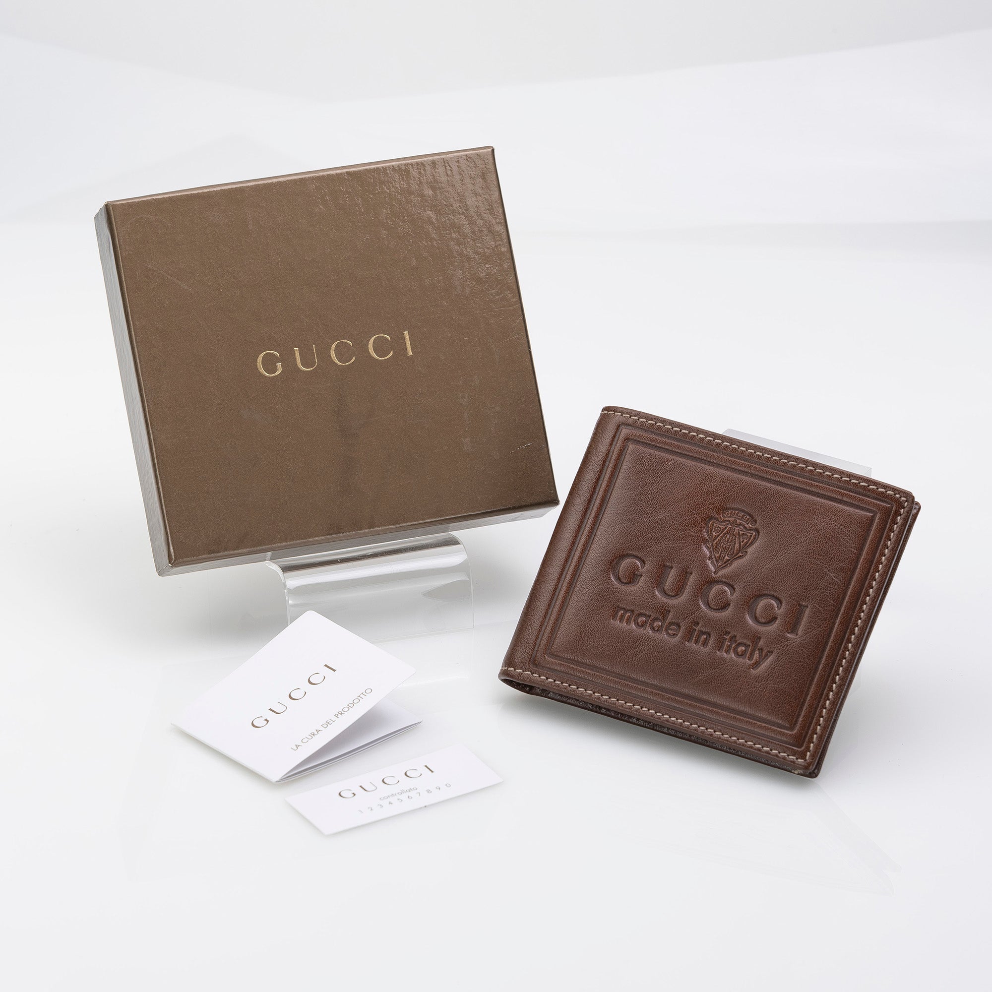 Gucci Double-Fold Wallet, Leather, Brown, Logo Embossed, Men's, [Excellent Condition, Box Included]