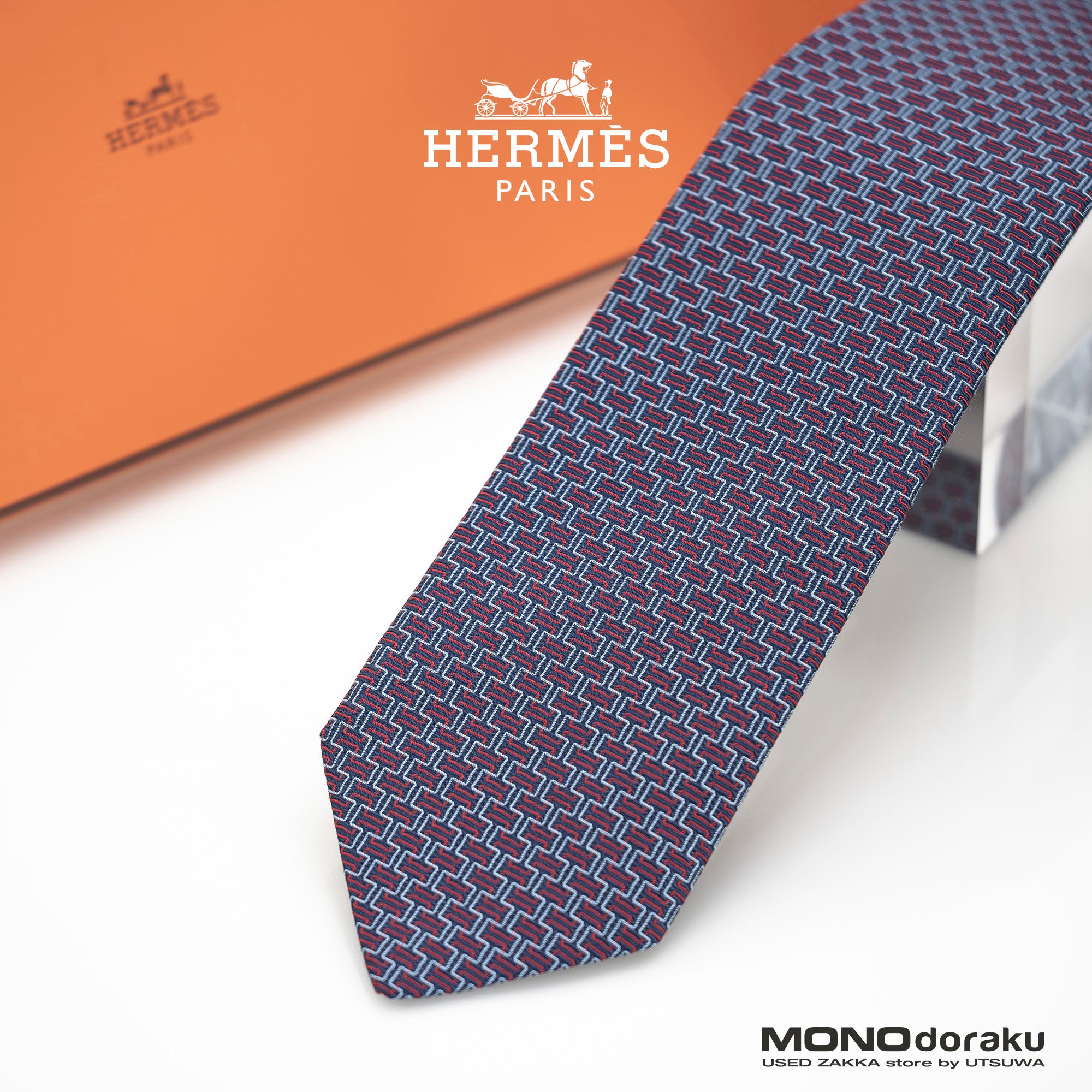 Hermes tie, H motif-inspired geometric pattern, 100% silk, navy x red, with box.