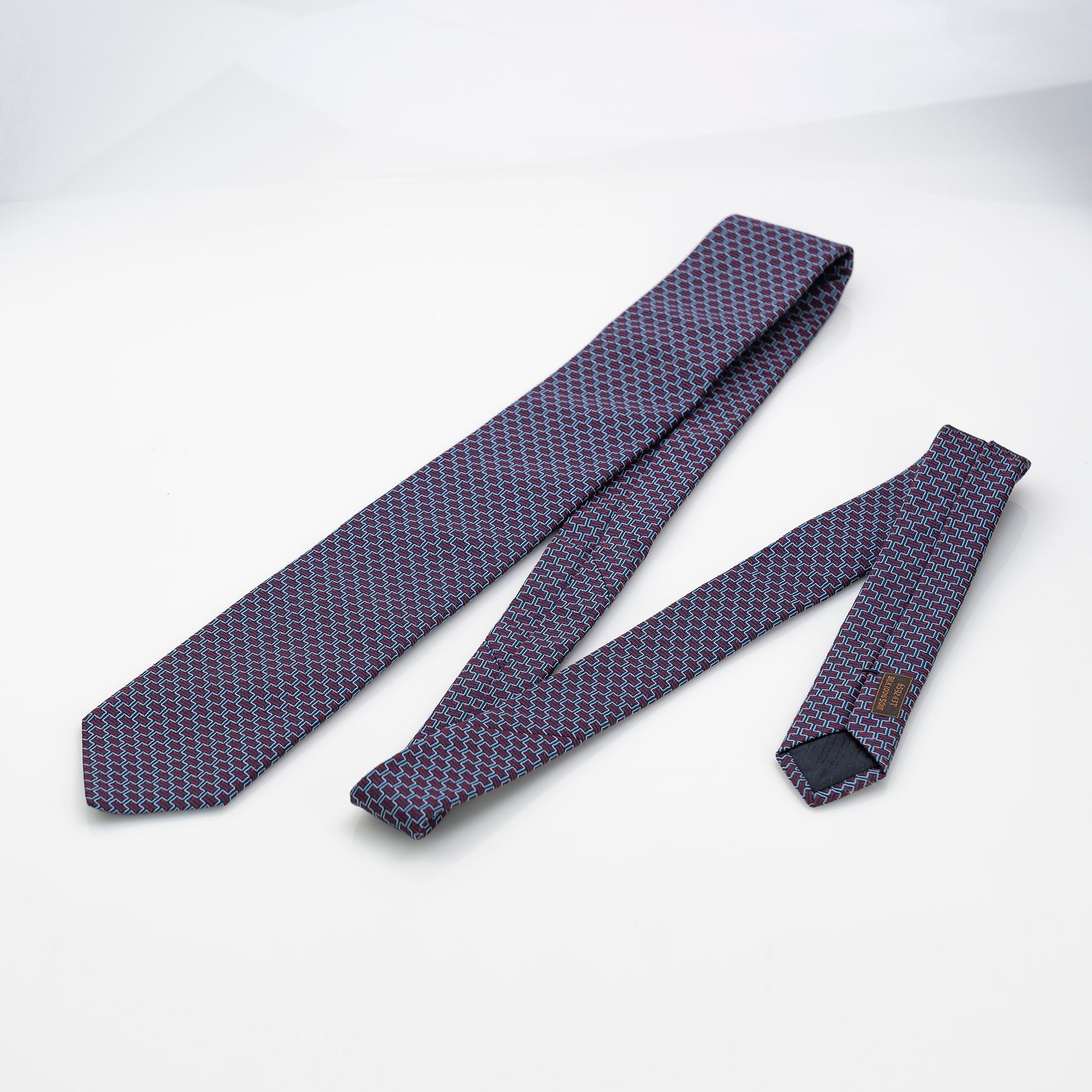 Hermes tie, H motif-inspired geometric pattern, 100% silk, navy x red, with box.