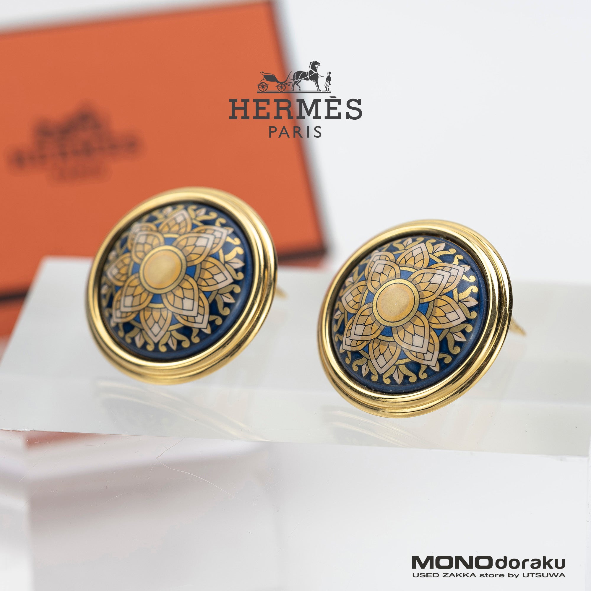 Hermes Vintage Enamel Earrings, Gold x Navy, Floral Pattern, 1990s, [with box]