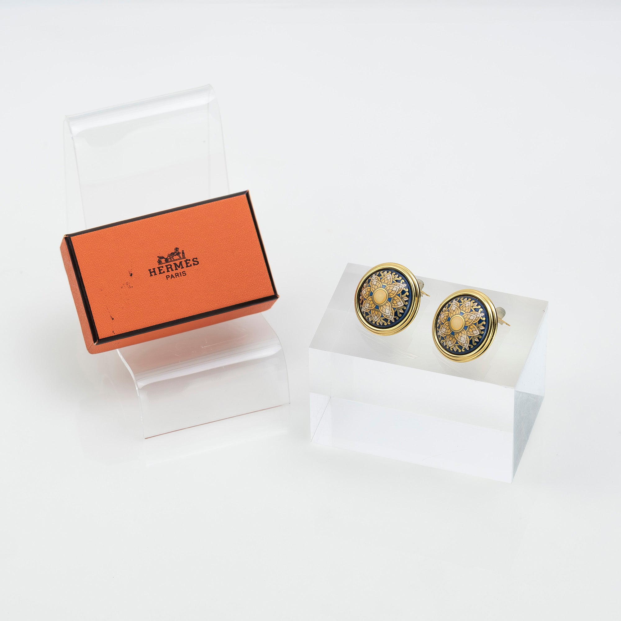 Hermes Vintage Enamel Earrings, Gold x Navy, Floral Pattern, 1990s, [with box]