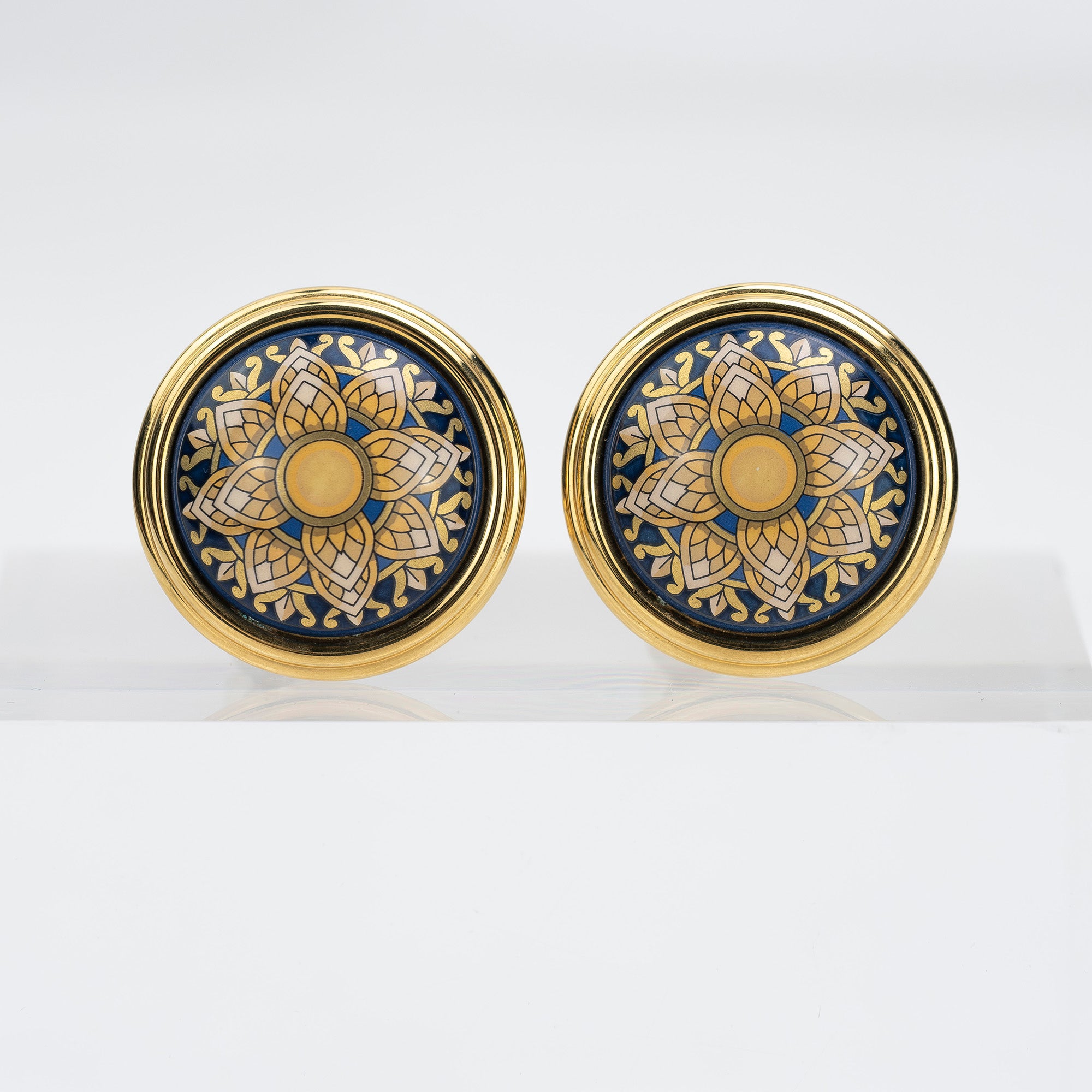 Hermes Vintage Enamel Earrings, Gold x Navy, Floral Pattern, 1990s, [with box]