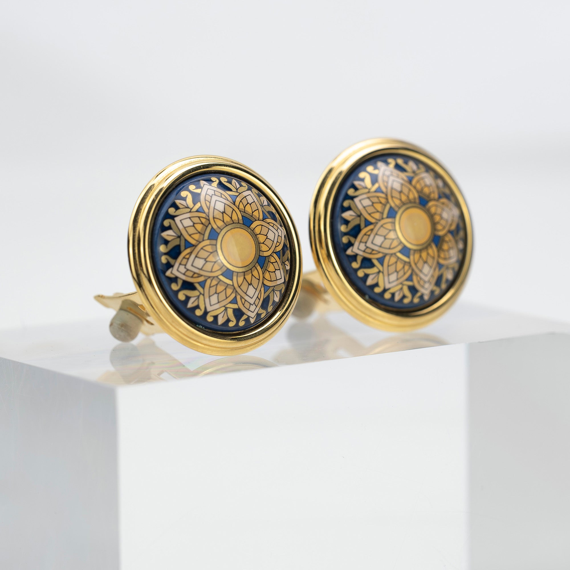 Hermes Vintage Enamel Earrings, Gold x Navy, Floral Pattern, 1990s, [with box]