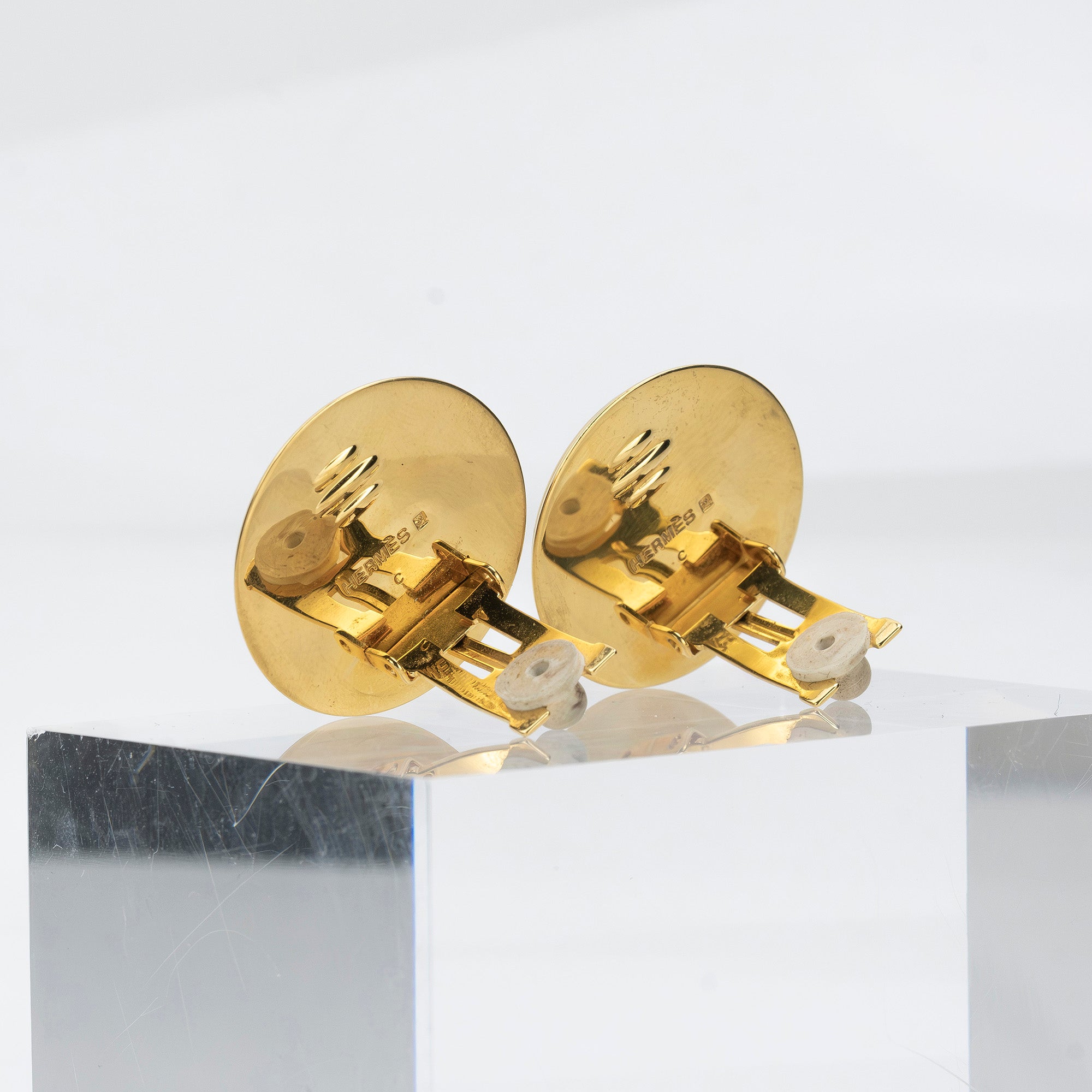 Hermes Vintage Enamel Earrings, Gold x Navy, Floral Pattern, 1990s, [with box]