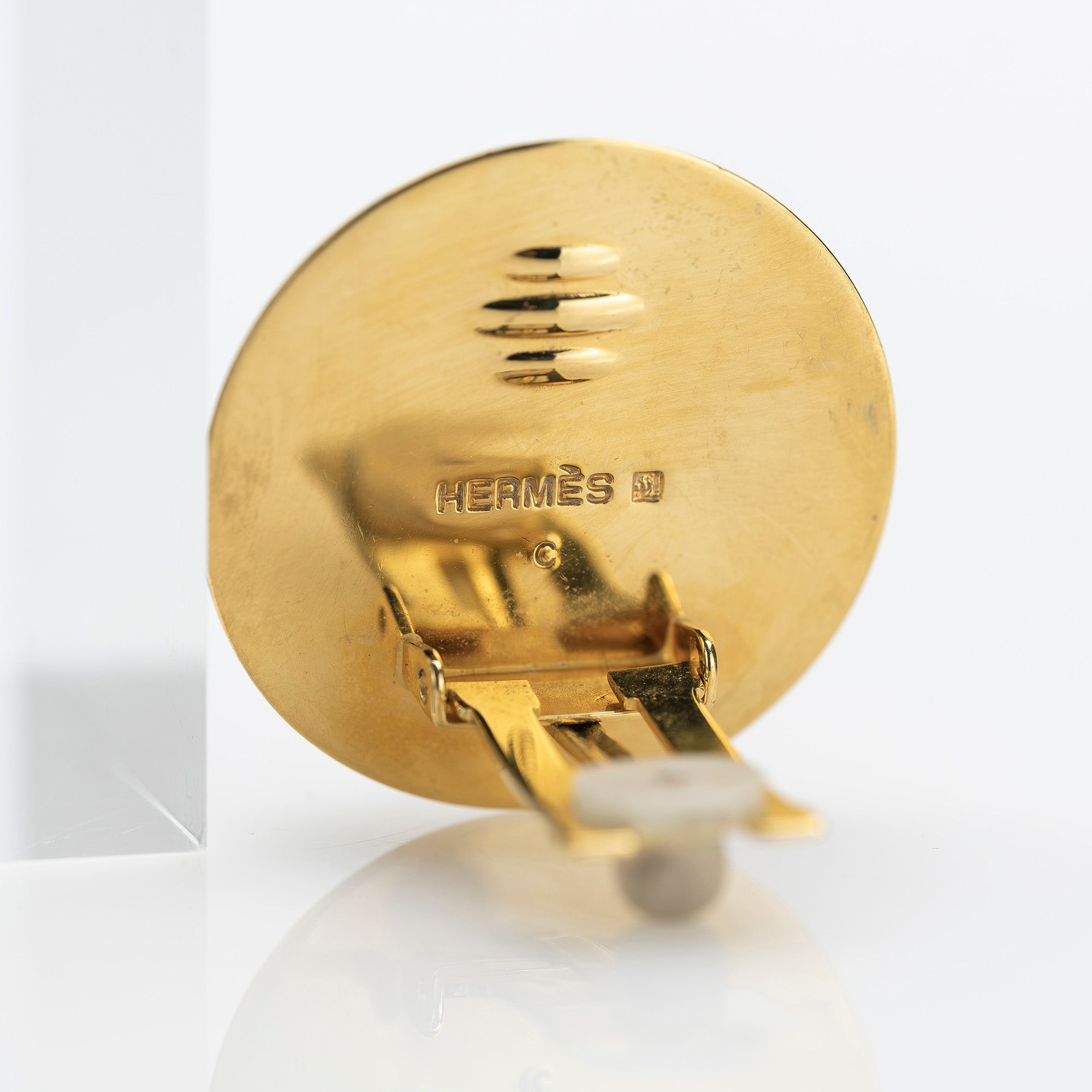 Hermes Vintage Enamel Earrings, Gold x Navy, Floral Pattern, 1990s, [with box]