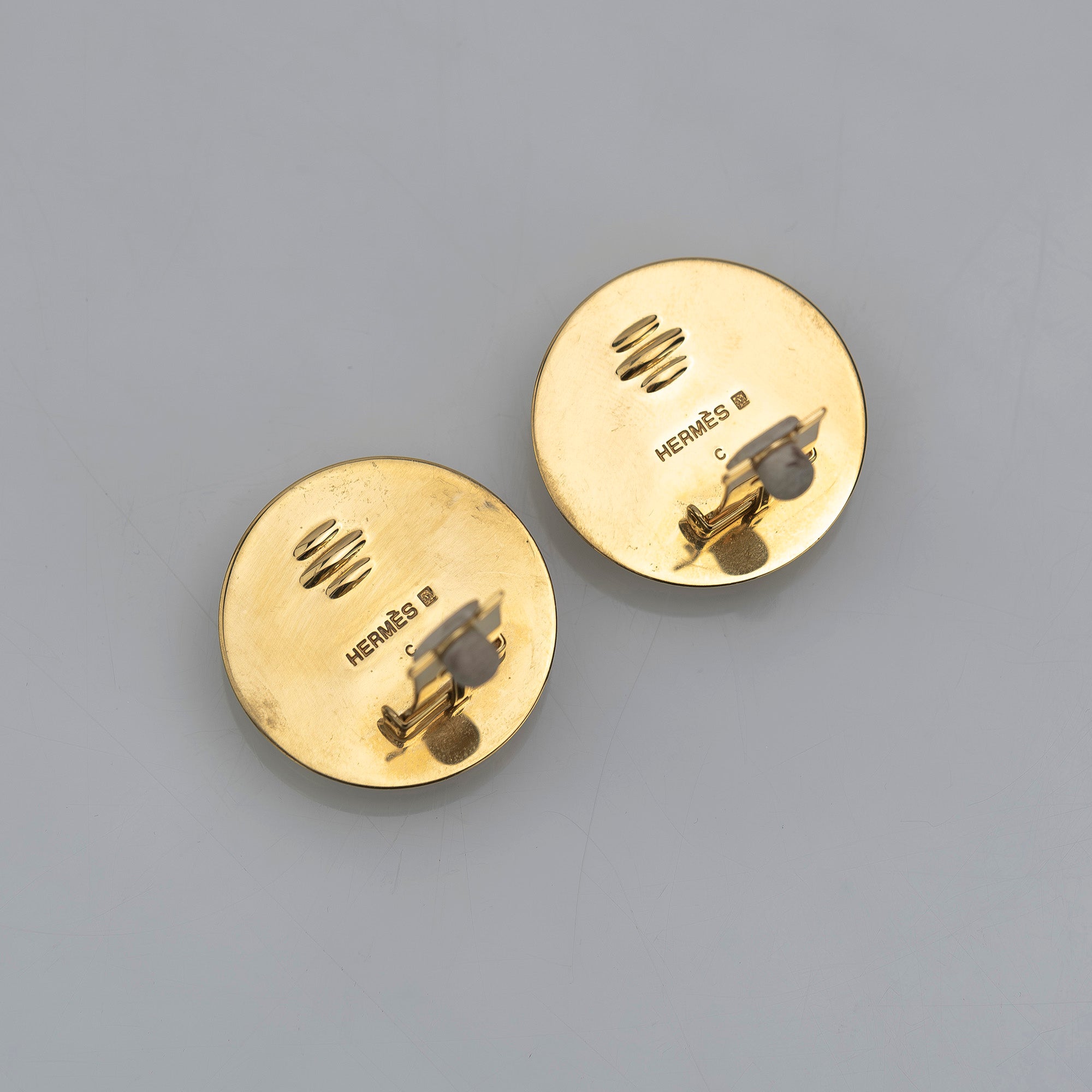 Hermes Vintage Enamel Earrings, Gold x Navy, Floral Pattern, 1990s, [with box]