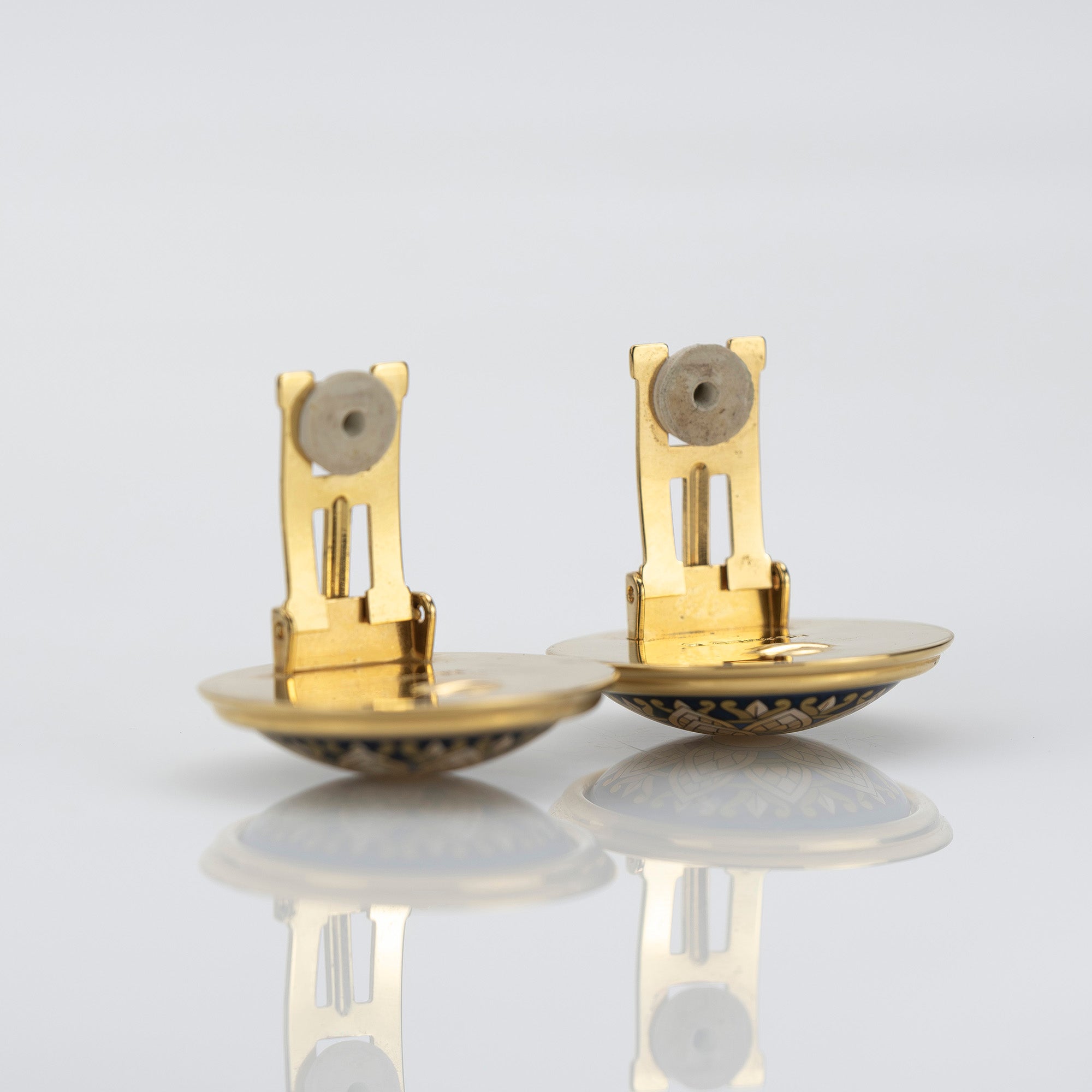 Hermes Vintage Enamel Earrings, Gold x Navy, Floral Pattern, 1990s, [with box]