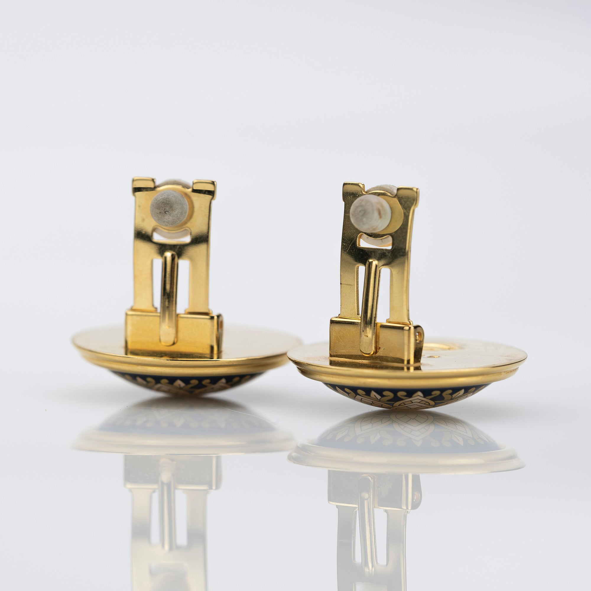 Hermes Vintage Enamel Earrings, Gold x Navy, Floral Pattern, 1990s, [with box]