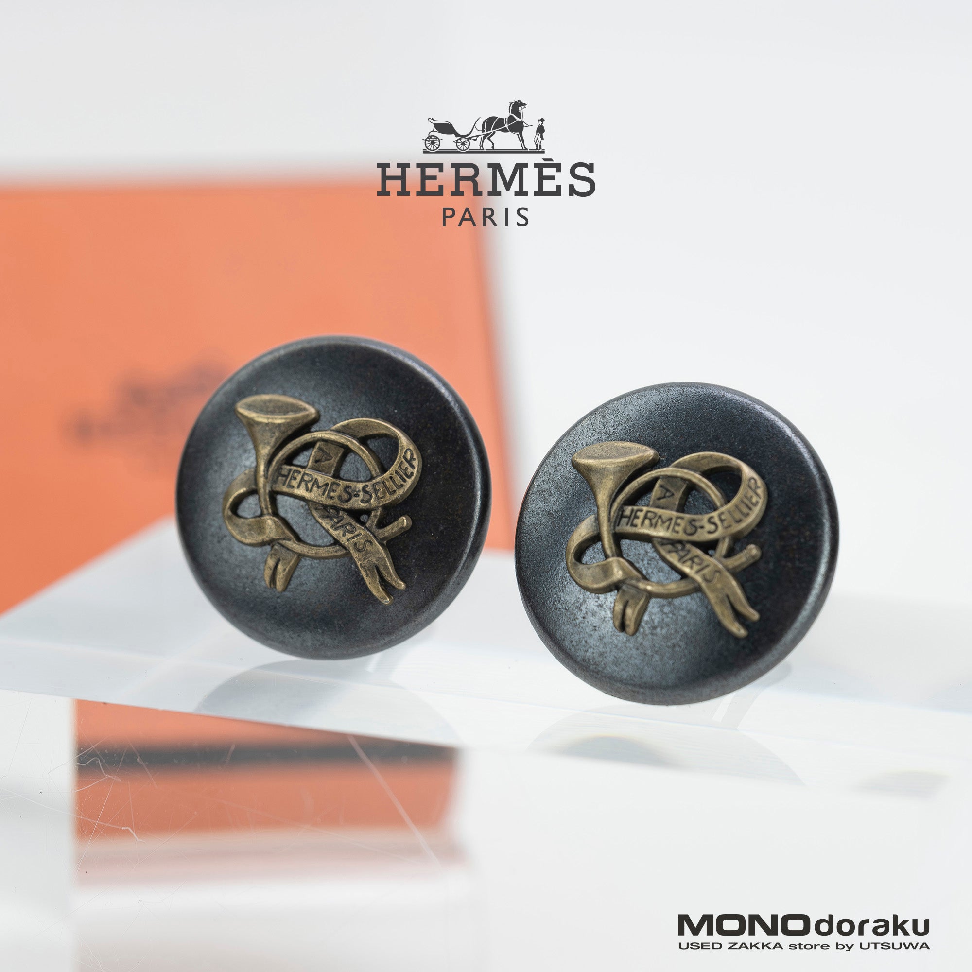 Hermes Vintage Earrings, Sellier Horn Motif, 1970s-80s, Rare Accessory [with box]