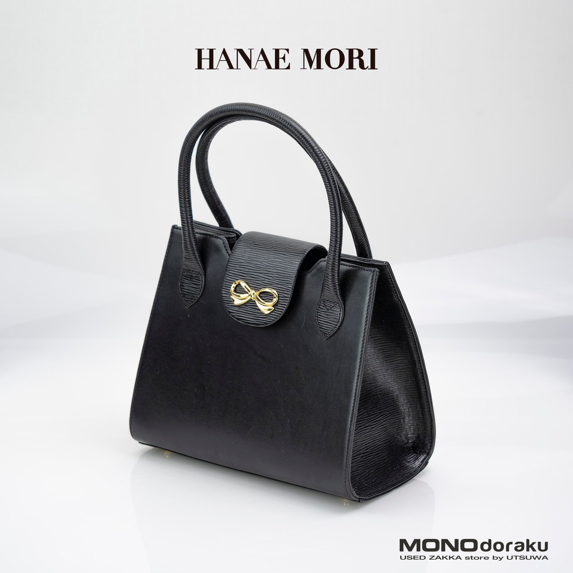 ハナエモリ HANAE MORI ハンドバッグ フォーマル 黒 ブラック リボン ゴールド金具 レザー 冠婚葬祭 入学式 卒業式