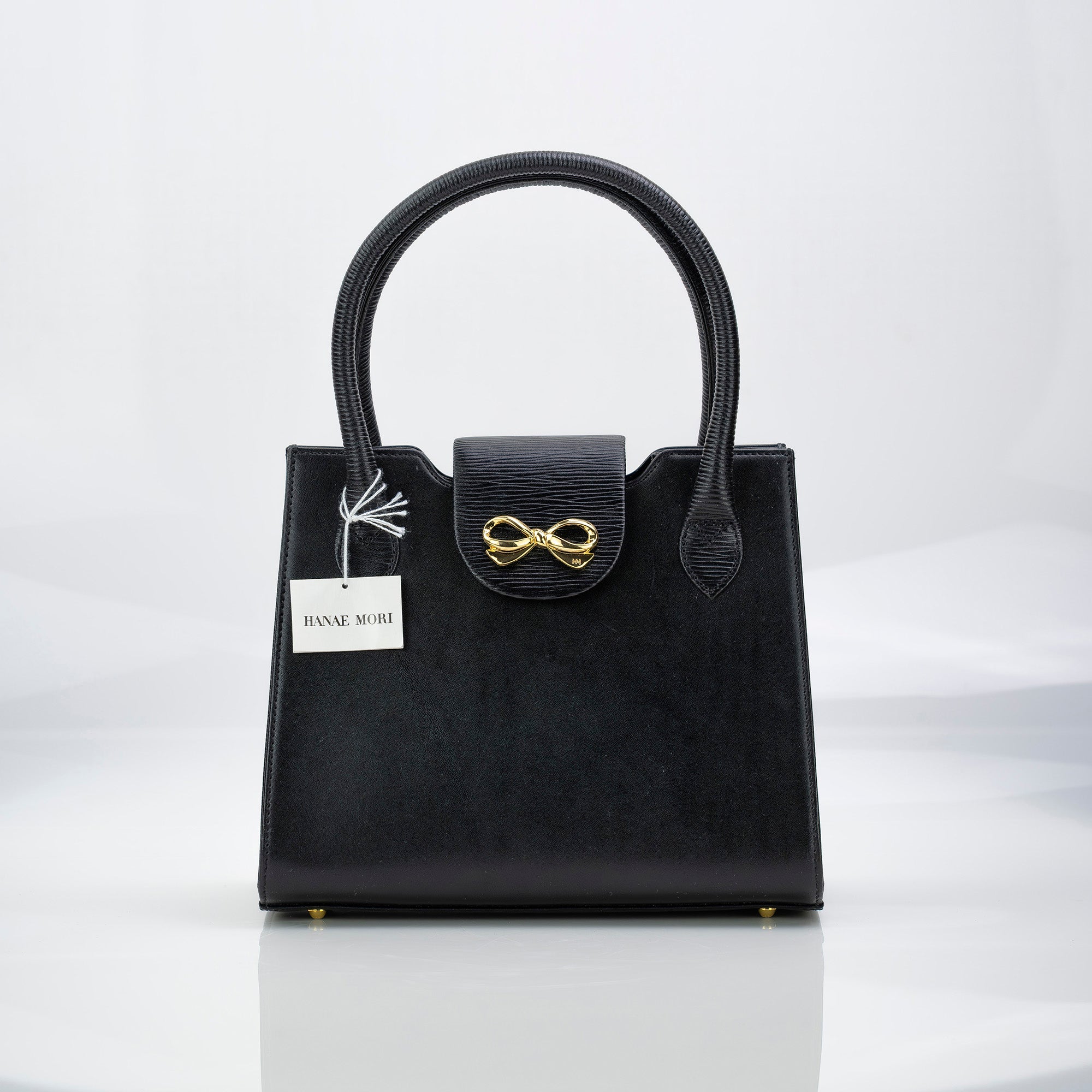 ハナエモリ HANAE MORI ハンドバッグ フォーマル 黒 ブラック リボン ゴールド金具 レザー 冠婚葬祭 入学式 卒業式