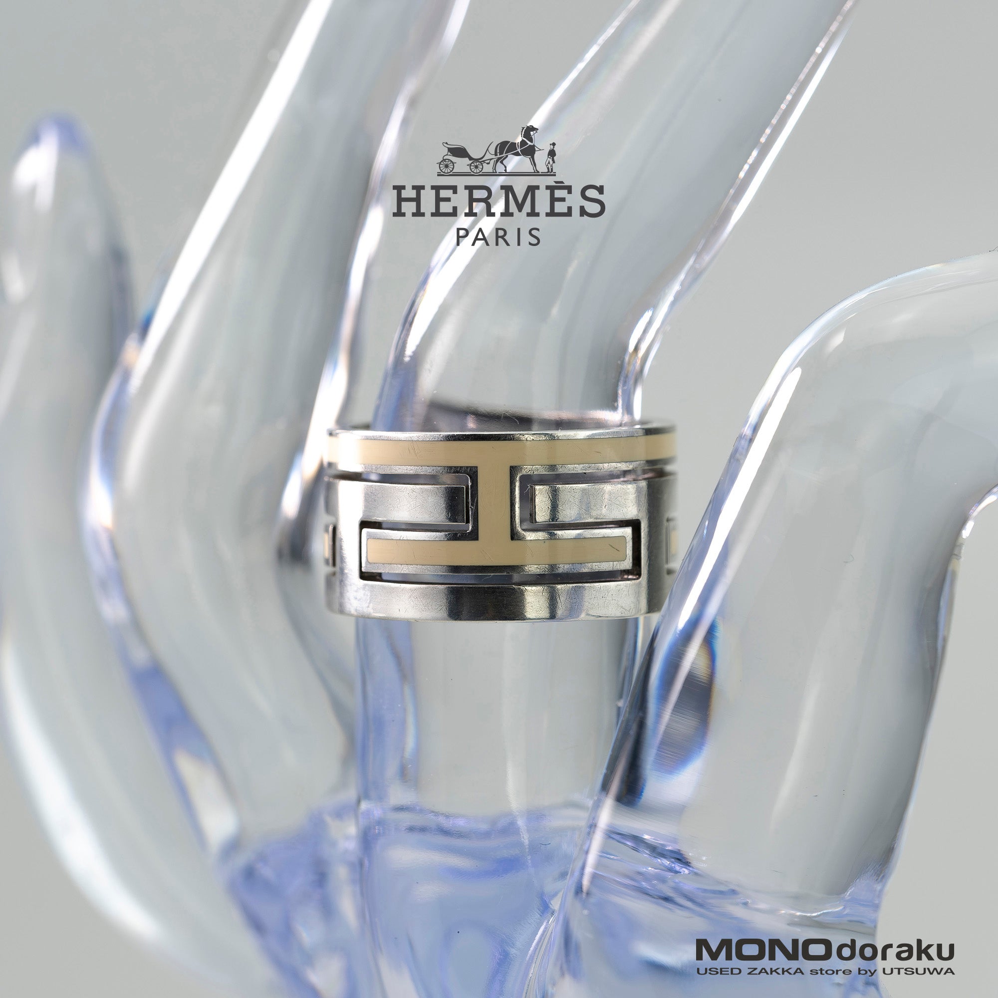 Hermès Move H Ring #51, approximately size 11, beige and silver, H motif, women's ring, accessory