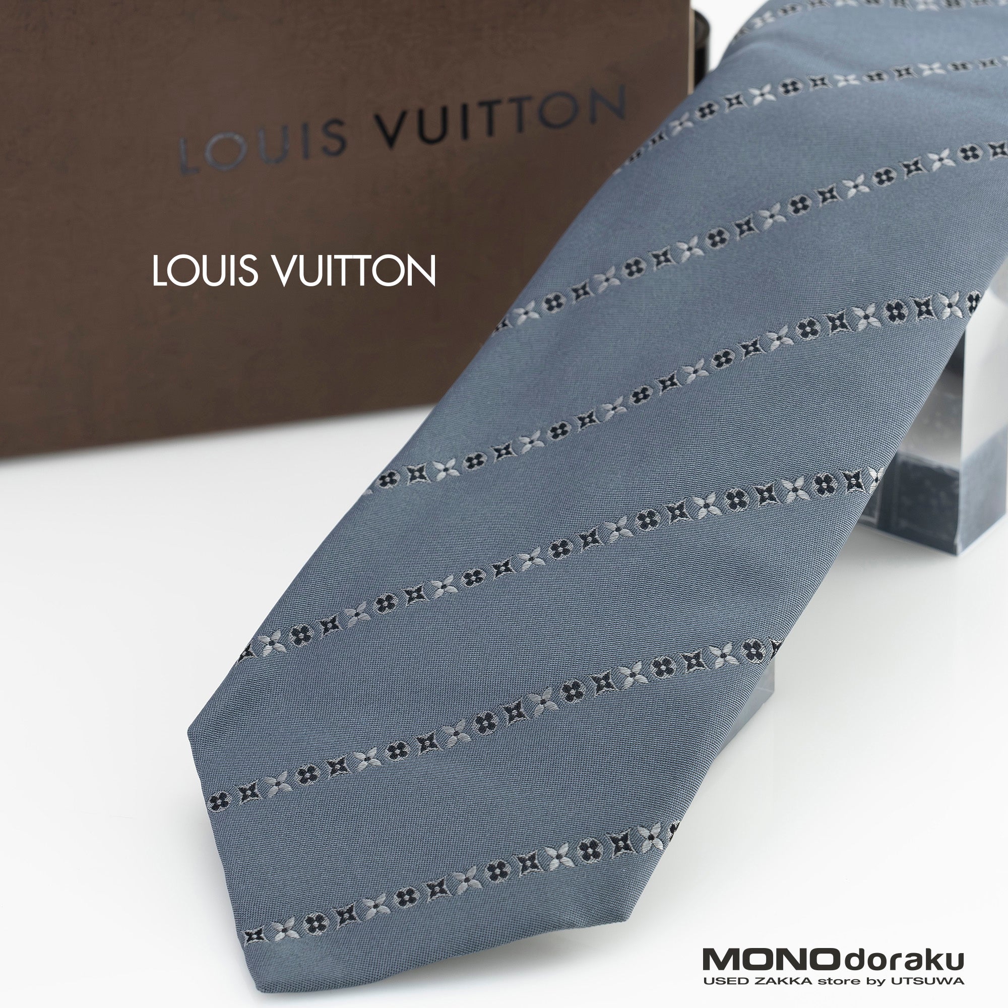 ルイヴィトン LOUIS VUITTON ネクタイ シルク100％ ブルーグレー ニュアンスカラー モノグラム ストライプ柄  【箱付】