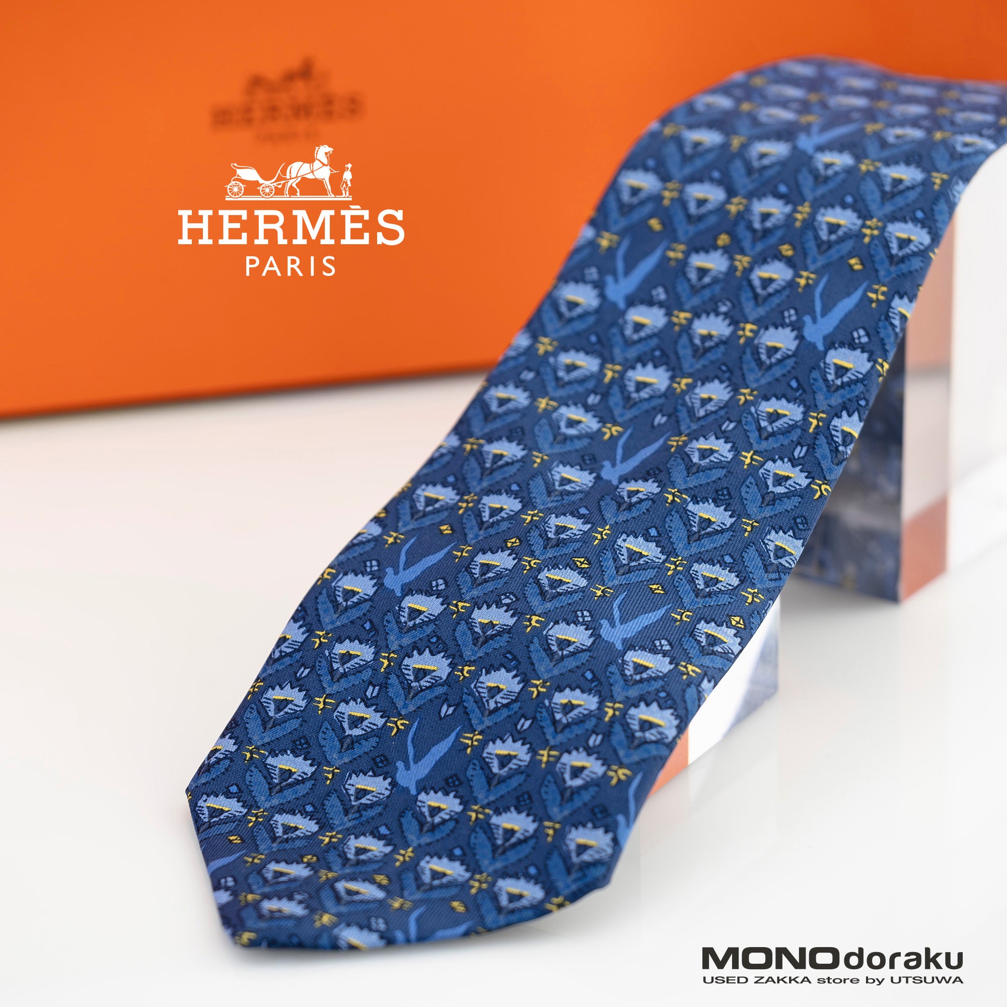 エルメス HERMES ネクタイ ブルー系 花柄モチーフ 鳥 フラワーパターン シルク100％ メンズ ブランドネクタイ 高級小物 フランス製【箱付】