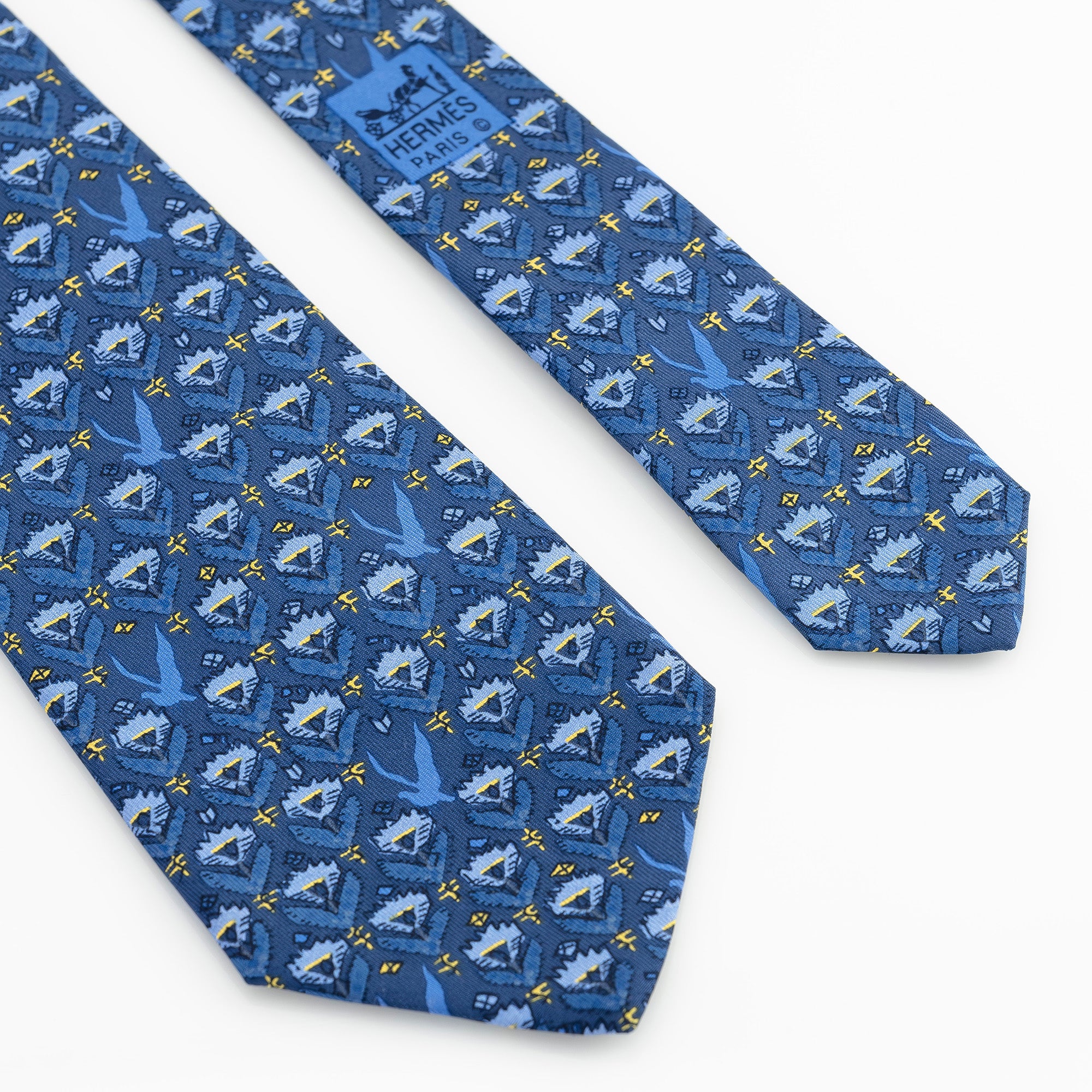 エルメス HERMES ネクタイ ブルー系 花柄モチーフ 鳥 フラワーパターン シルク100％ メンズ ブランドネクタイ 高級小物 フランス製【箱付】