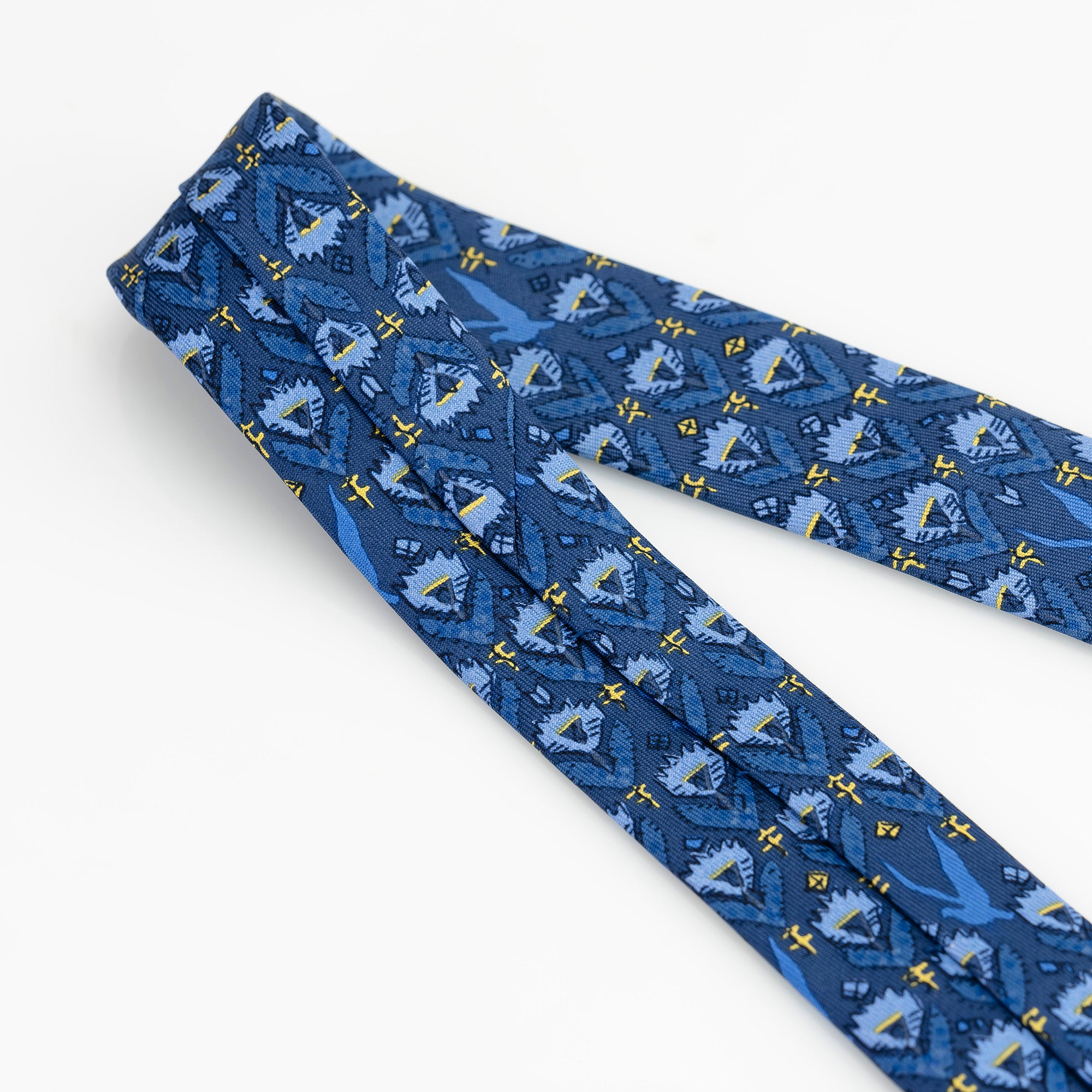 エルメス HERMES ネクタイ ブルー系 花柄モチーフ 鳥 フラワーパターン シルク100％ メンズ ブランドネクタイ 高級小物 フランス製【箱付】