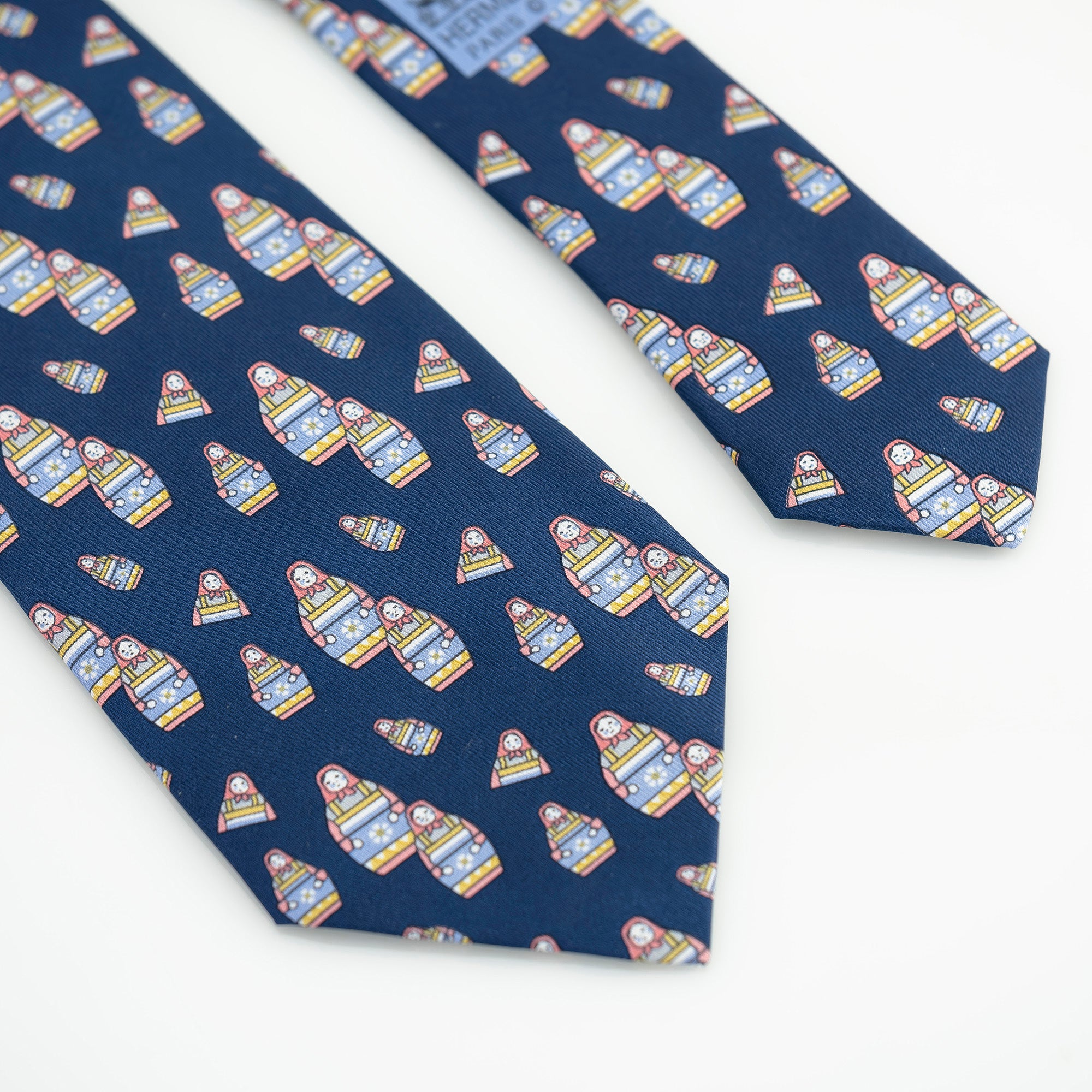 エルメス HERMES ネクタイ ネイビー系 マトリョーシカ柄 シルク100％  メンズ ブランドネクタイ 高級小物 フランス製【箱付】