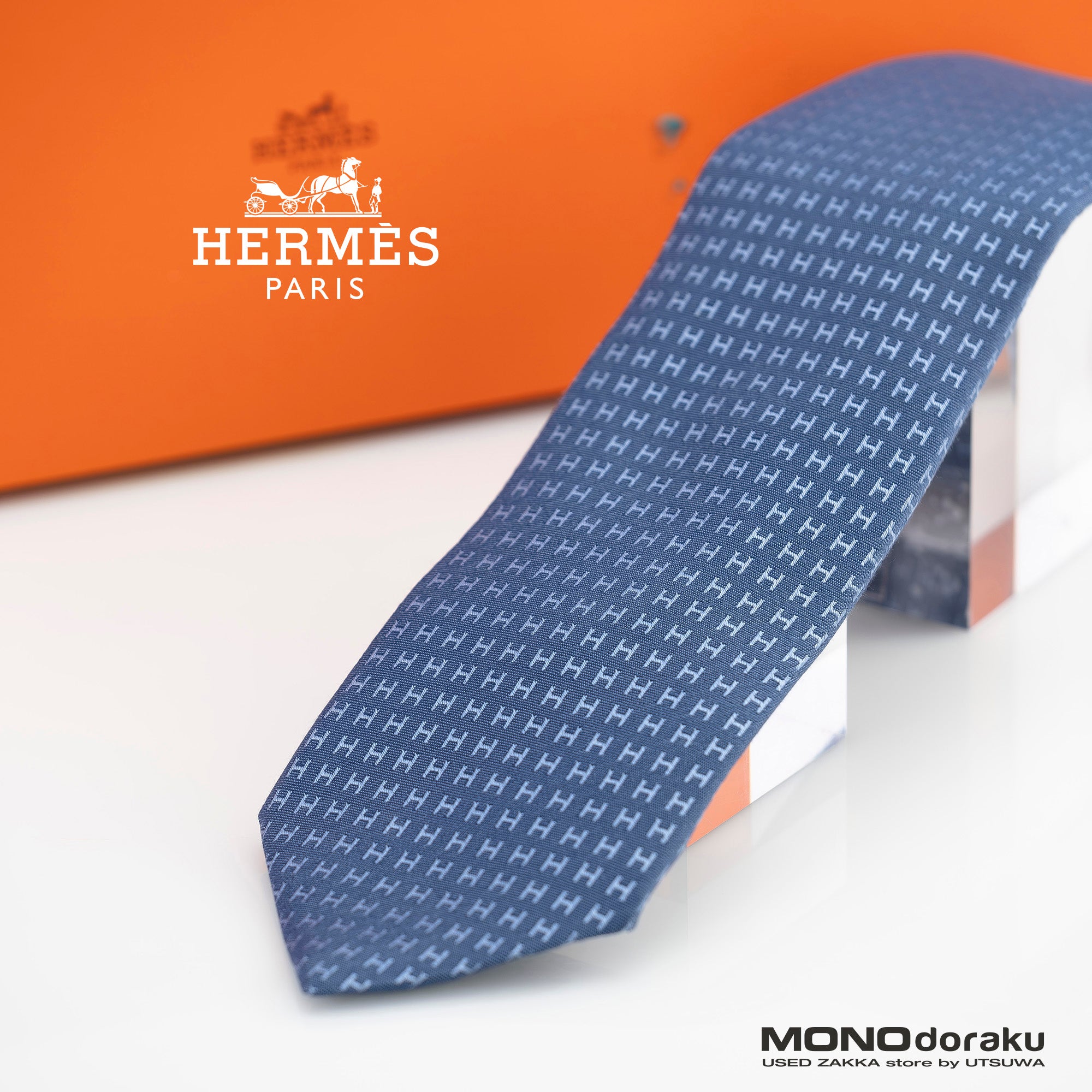 エルメス HERMES  Hロゴ 総柄 ネクタイ ネイビー ブルー  シルク100% 【箱付】(1)