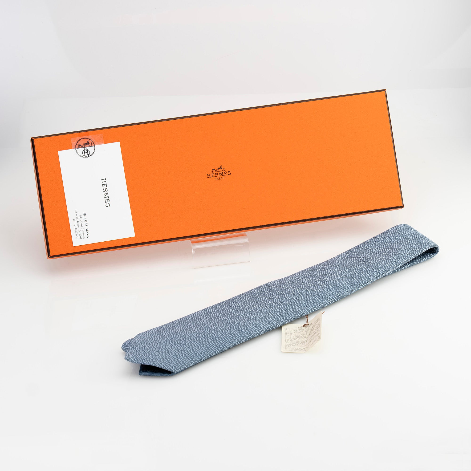 エルメス HERMES ネクタイ ブルー系 幾何学模様 Hロゴ 総柄 シルク100％ タグ付き  メンズ ブランドネクタイ 高級小物 フランス製【箱付】