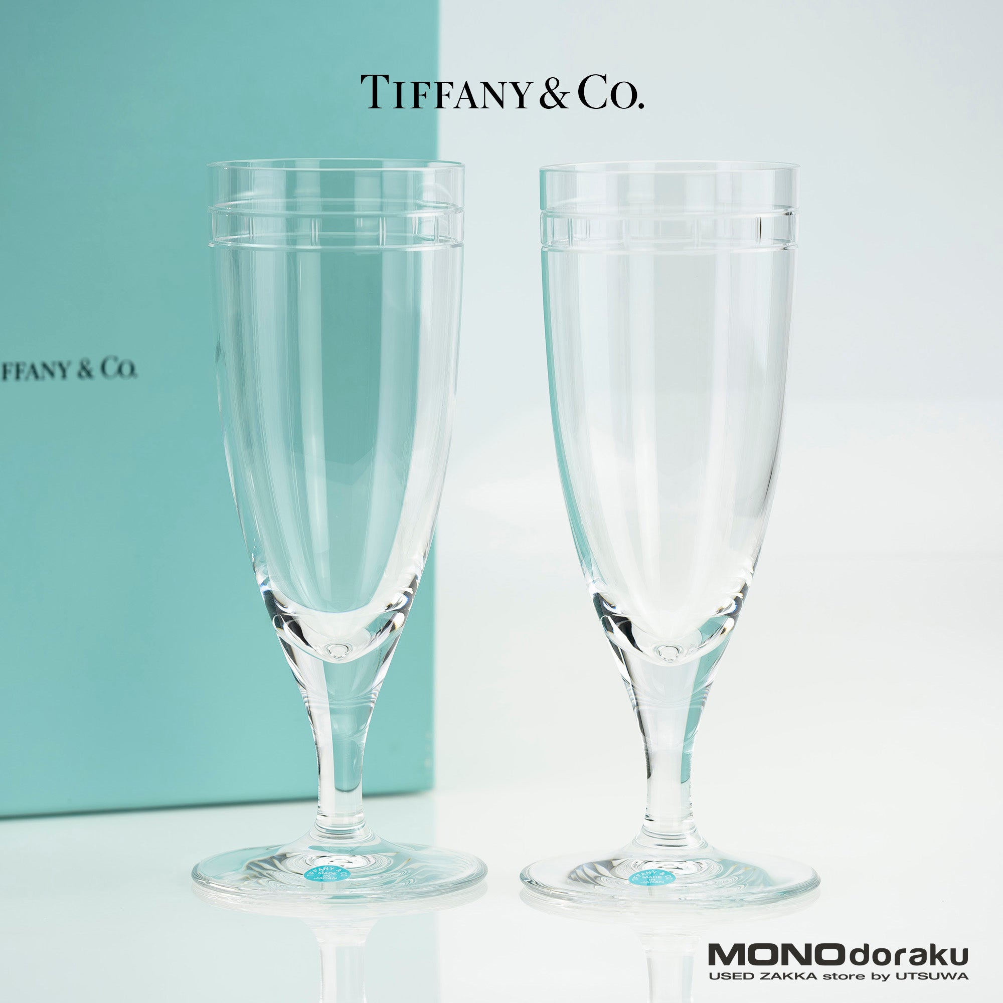 Tiffany &amp; Co. Atlas Pilsner Glasses, Pair, Made in Japan, Crystal with Roman Numerals, Beer Glasses [Boxed] (3)