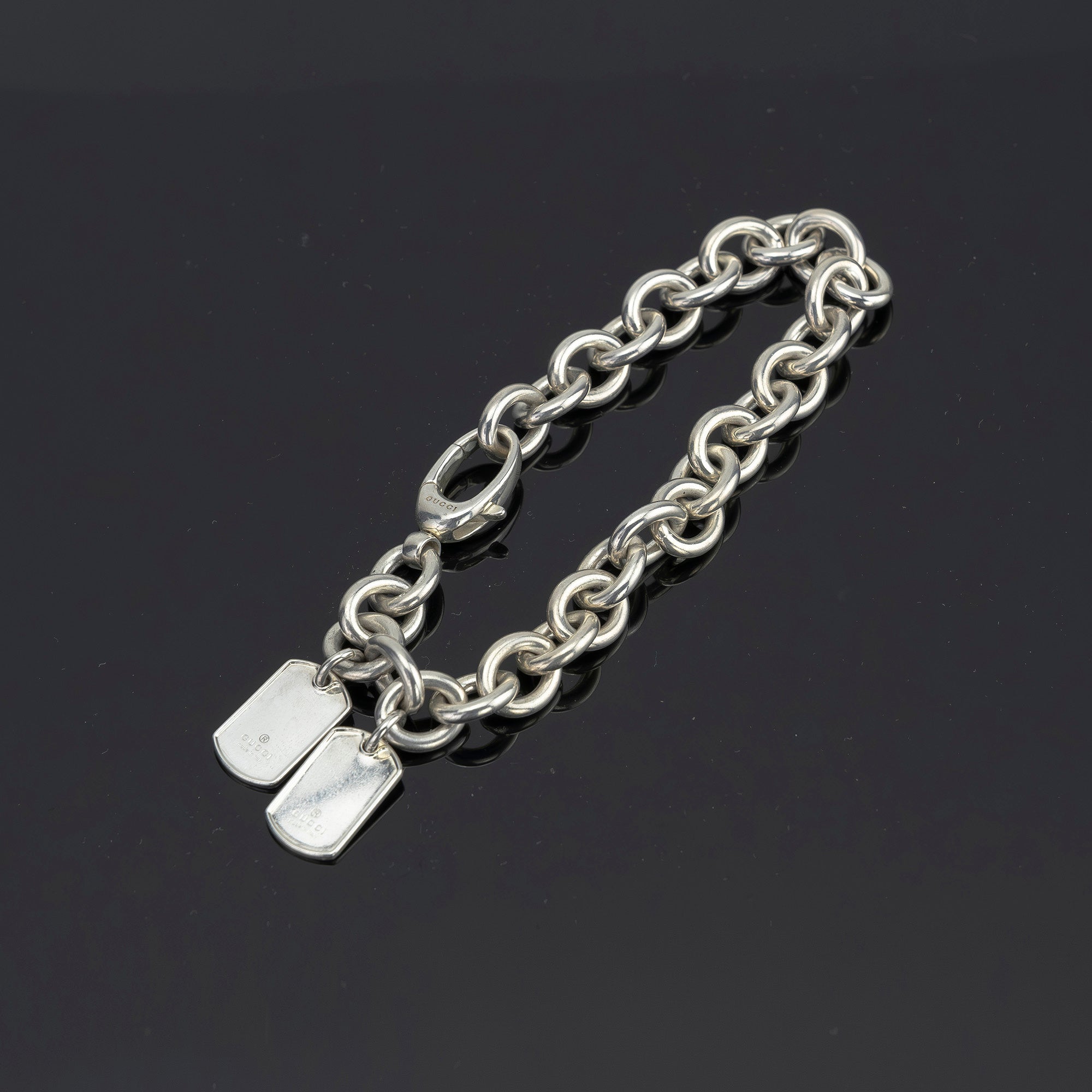 Gucci Dog Tag Bracelet Silver 925 Oval Link Chain Military Motif Men's Accessory [With Box and Dust Bag]