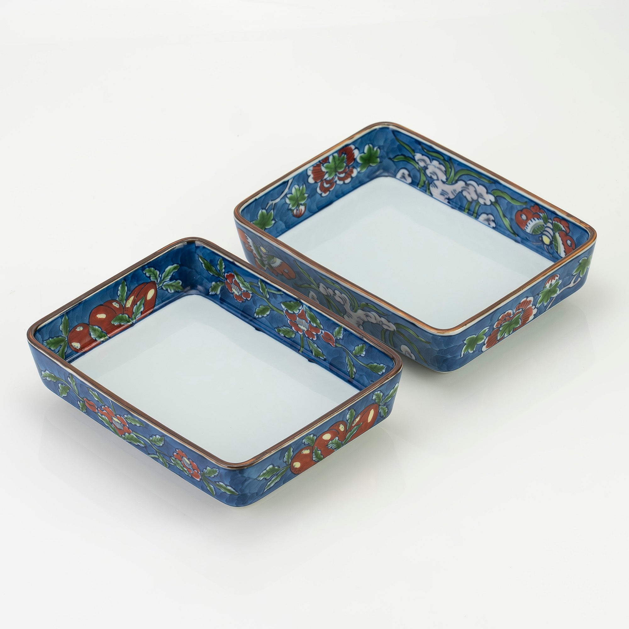 舘林源右衛門 作 染錦古代花鳥図 角鉢2 醤油皿2 二組セット 有田焼 源右衛門窯