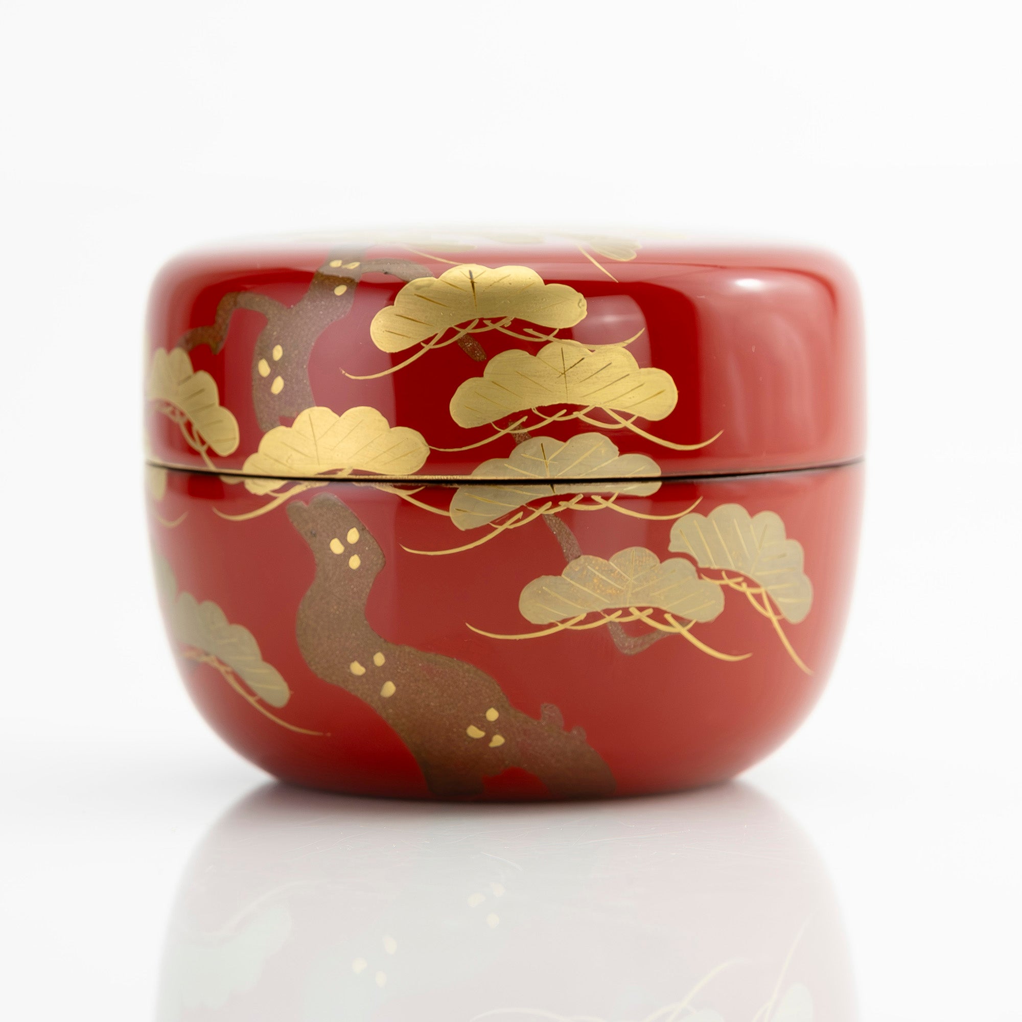 斎藤宗甫作 朱漆 松蒔絵 丸棗 共箱 茶道具 作家物 蒔絵 漆芸 抹茶器 祝儀 美品