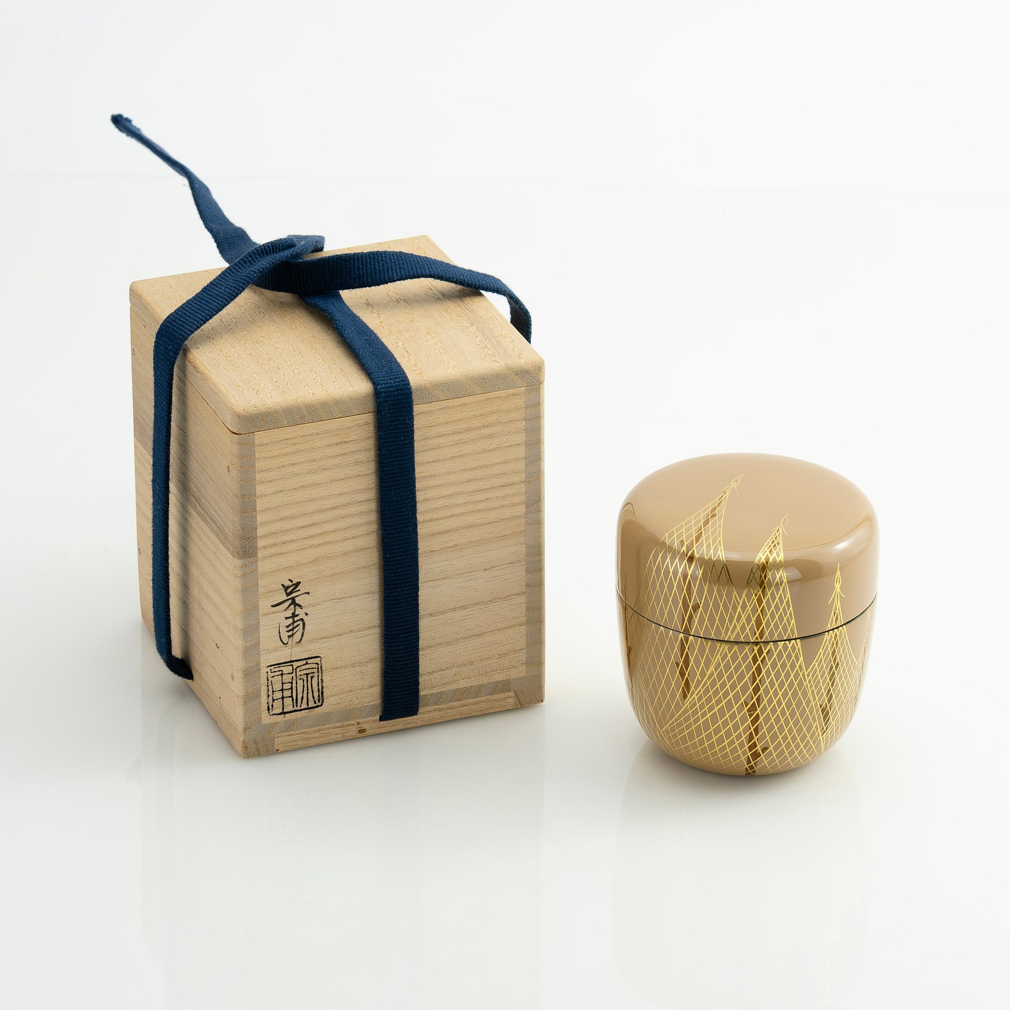斎藤宗甫作 金地 干網蒔絵棗 共箱 茶道具 作家物 蒔絵 漆芸 抹茶器 金地蒔絵 美品