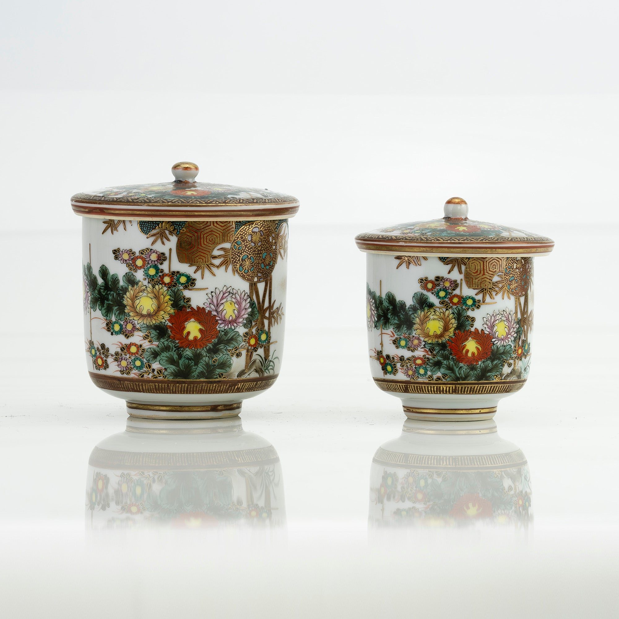 九谷焼 夫婦湯呑 蓋付 ペア 色絵金彩 花鳥図 漢詩入り 茶器
