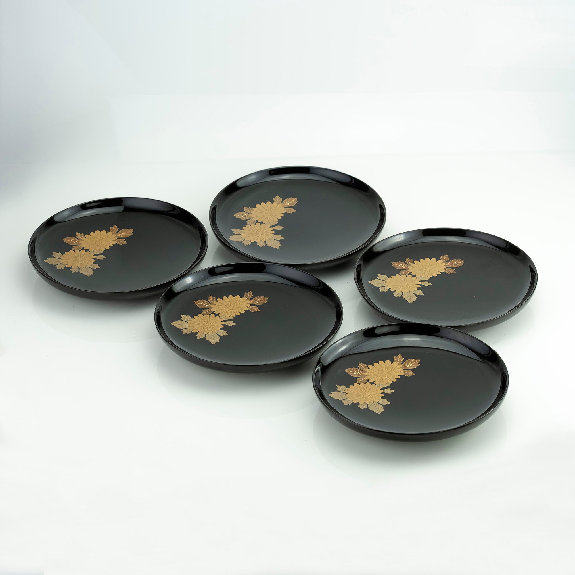 松本光栄堂 菓子皿 5枚 菊蒔絵 黒漆 銘々皿 17cm 共箱付 和食器