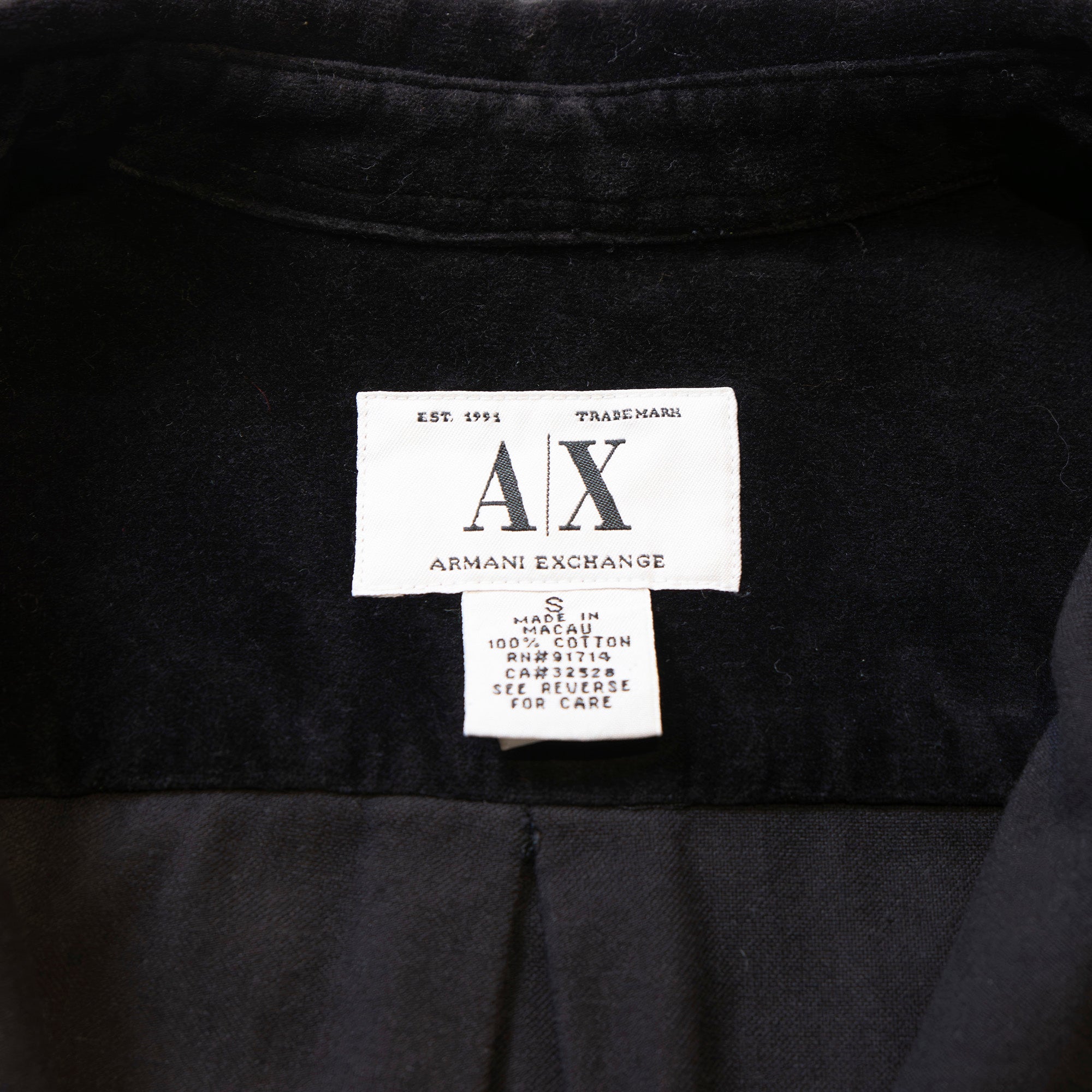 ARMANI EXCHANGE アルマーニエクスチェンジ ベロアシャツ ブラック コットン100％ ベルベット