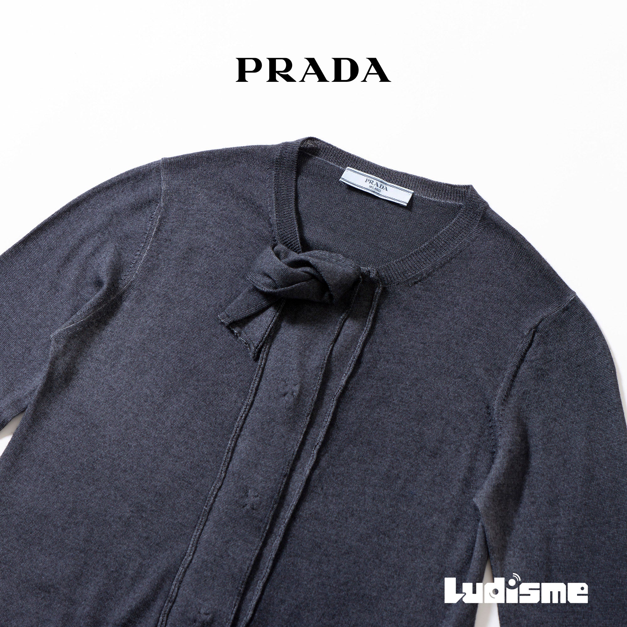 プラダ PRADA ニットカーディガンリボン付デザイン グレー ウール シルク デザインニット 比翼仕立て レディース トップス セーター 薄手