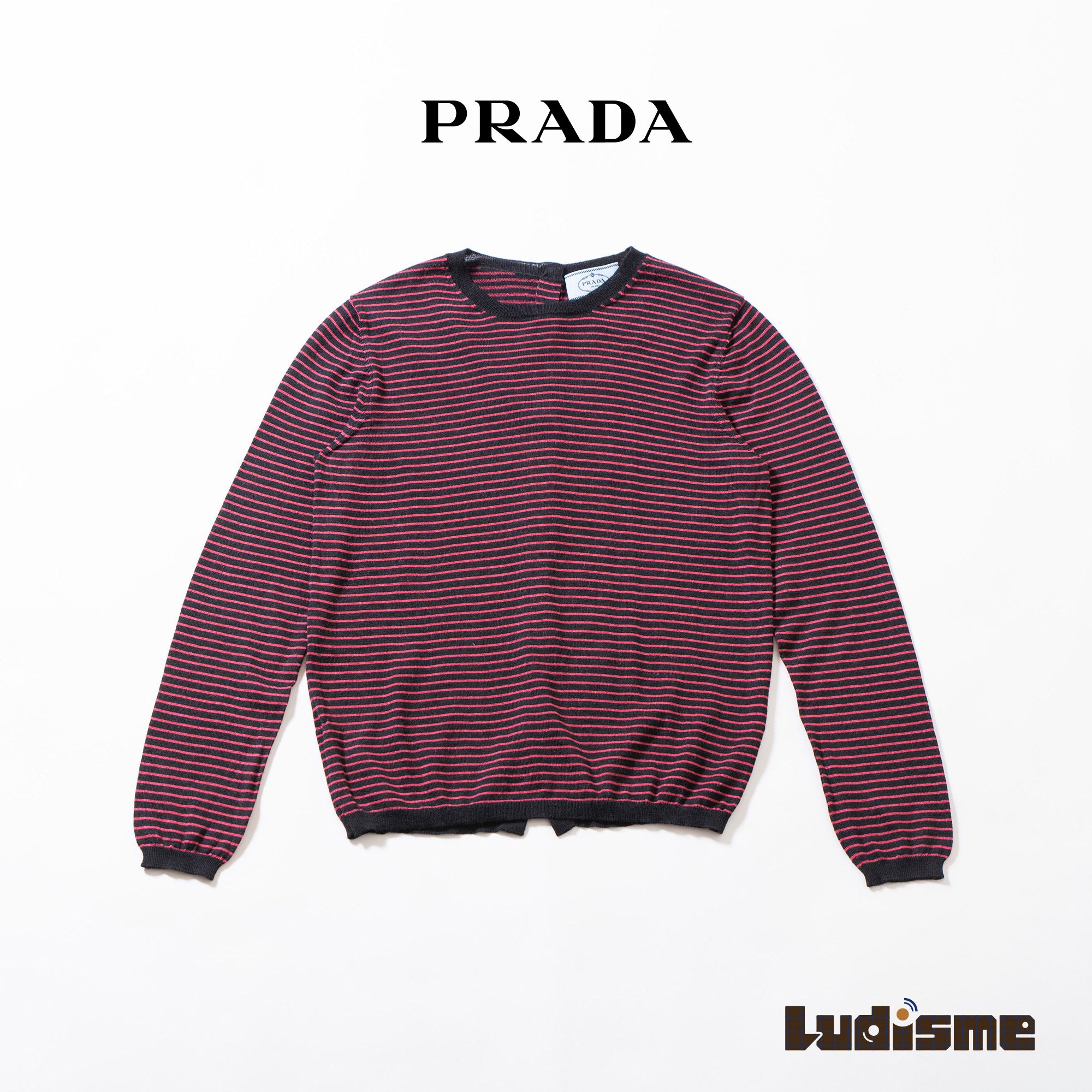 プラダ PRADA クルーネックニット マルチボーダー ブラック×レッド ウール シルク バックボダンデザイン レディーストップス セーター