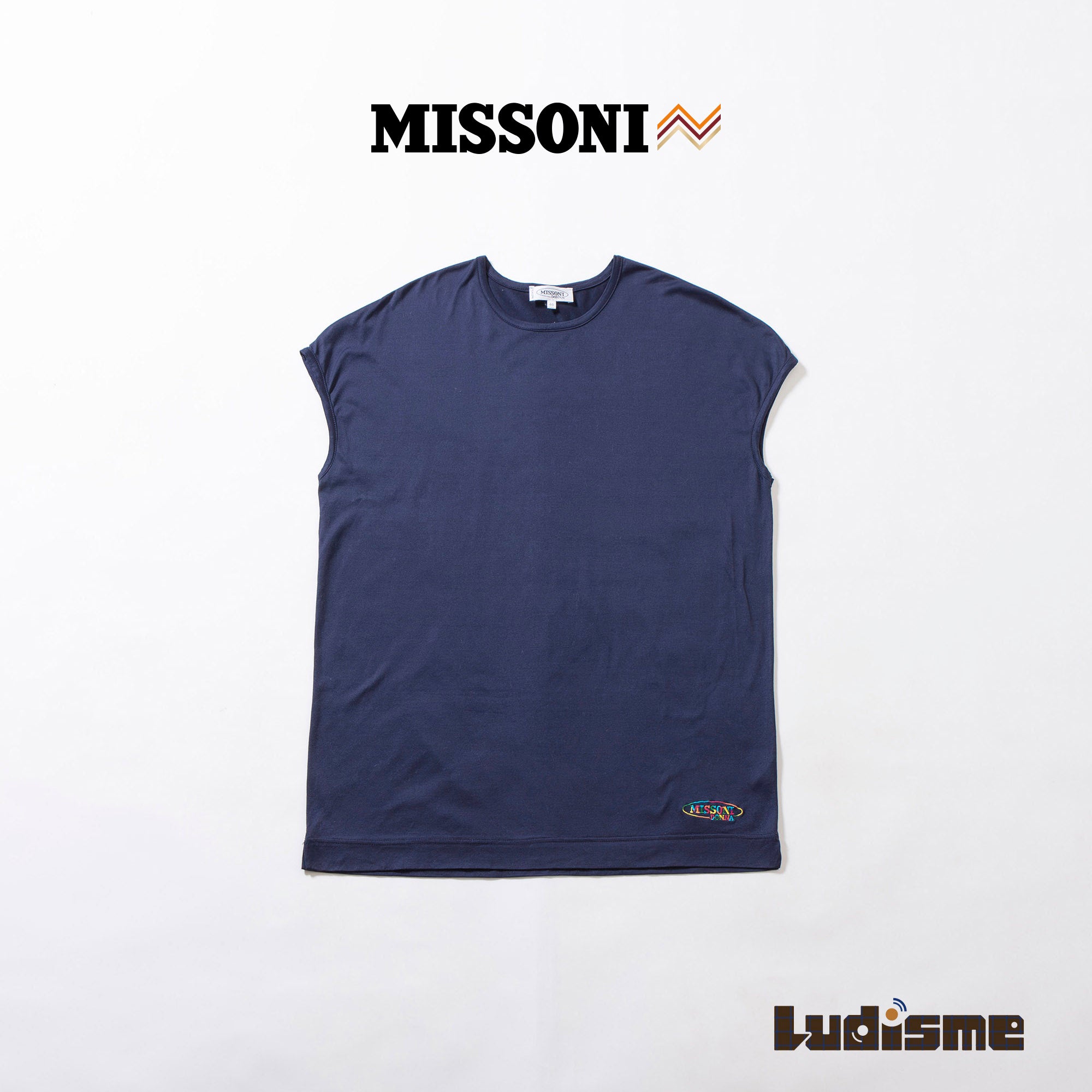 ミッソーニ MISSONI DONNA ノースリーブカットソー ネイビー タンクトップ Tシャツ 刺繍ロゴ イタリア製 レディースファッショントップス