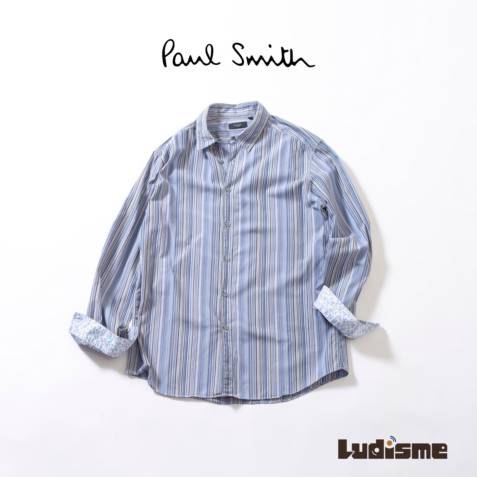 ポールスミス Paul Smith London マルチストライプシャツ ロングスリーブ ブルー系 花柄切り替え カフス裏 コットン 日本製 メンズトップス