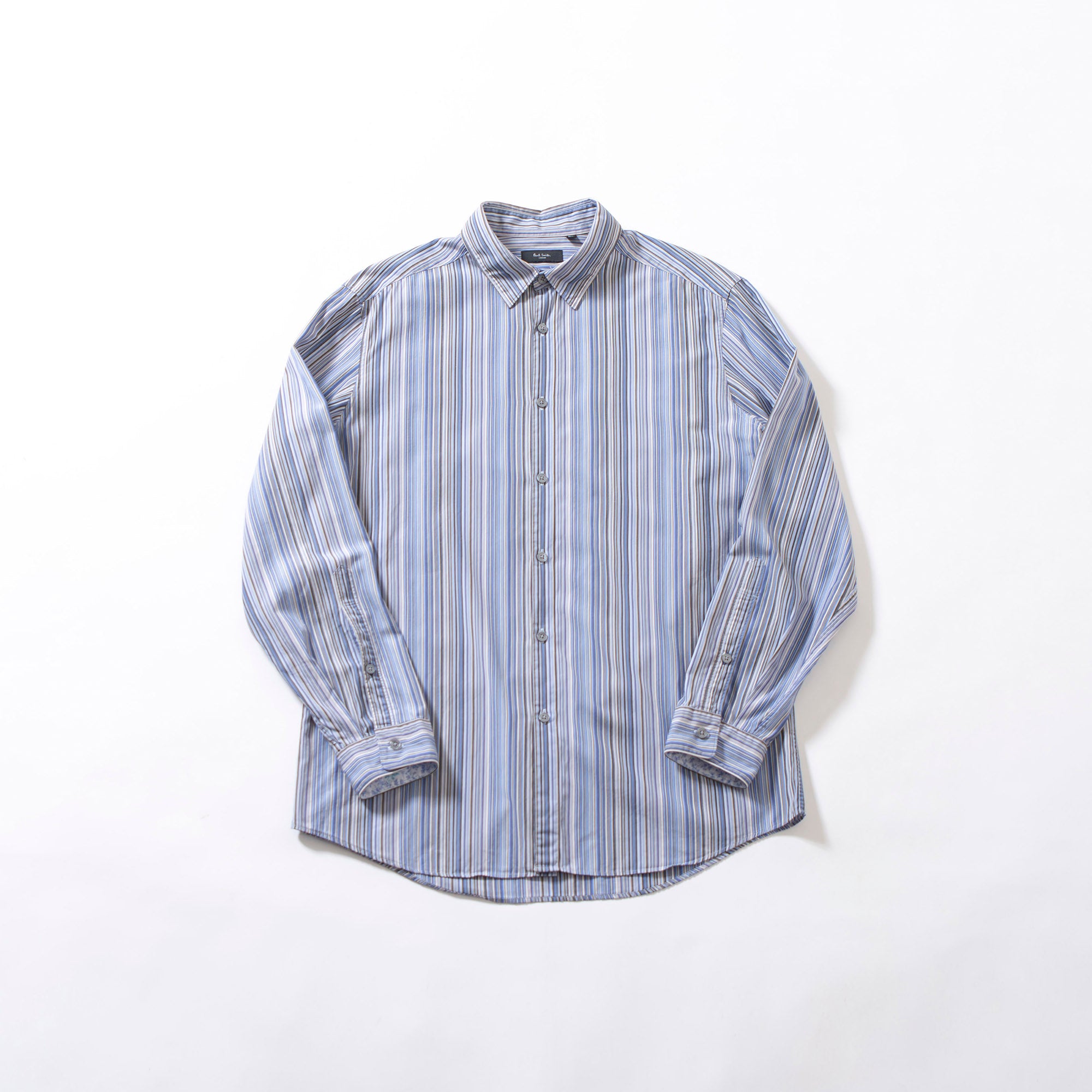 ポールスミス Paul Smith London マルチストライプシャツ ロングスリーブ ブルー系 花柄切り替え カフス裏 コットン 日本製 メンズトップス