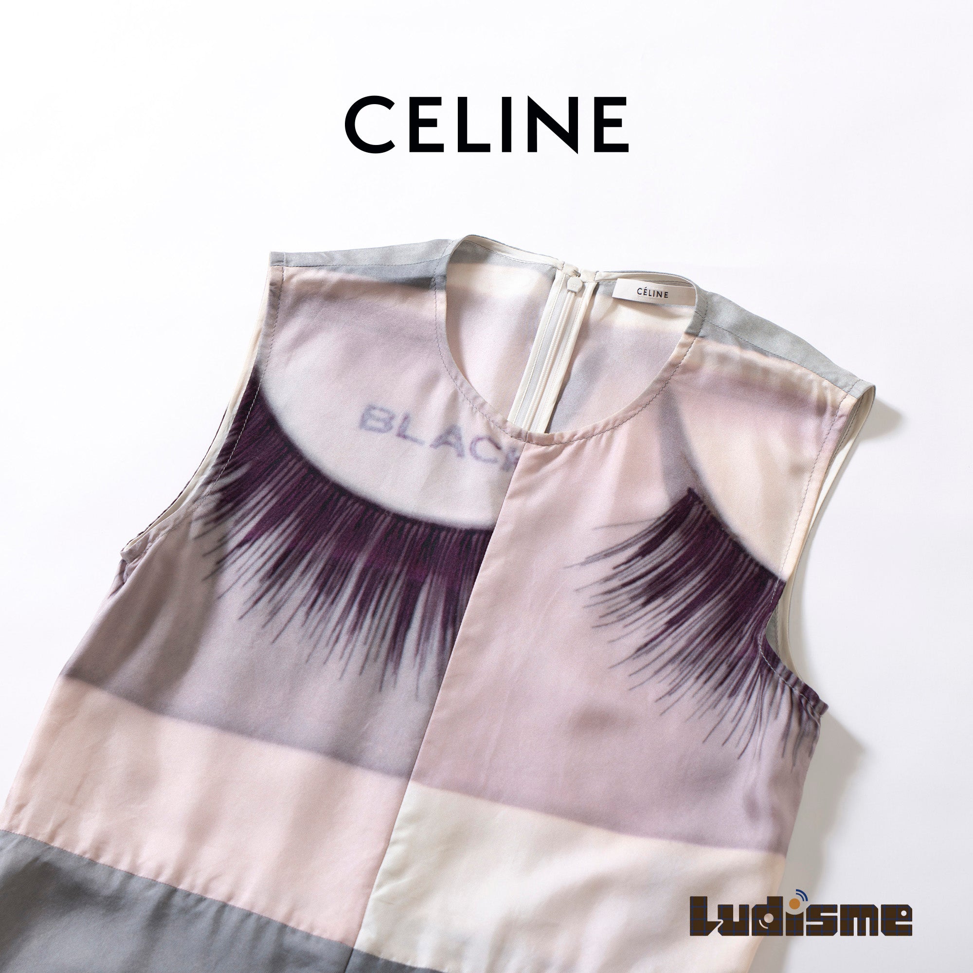 セリーヌ CELINE ノースリーブ ワンピース アイラッシュプリント ドレス 36 レディース イタリア製 モード フレンチ シルク素材 希少