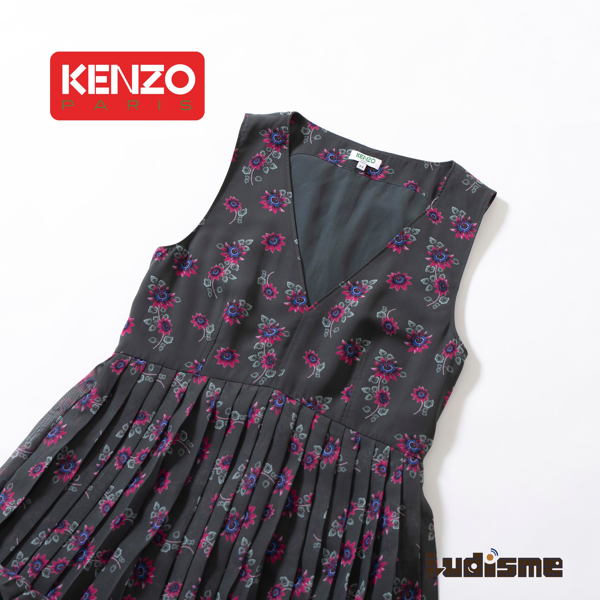 ケンゾー KENZO ノースリーブ ワンピース 花柄 プリーツ ロングドレス 34 レディース グリーン フラワープリント ロングワンピース モード