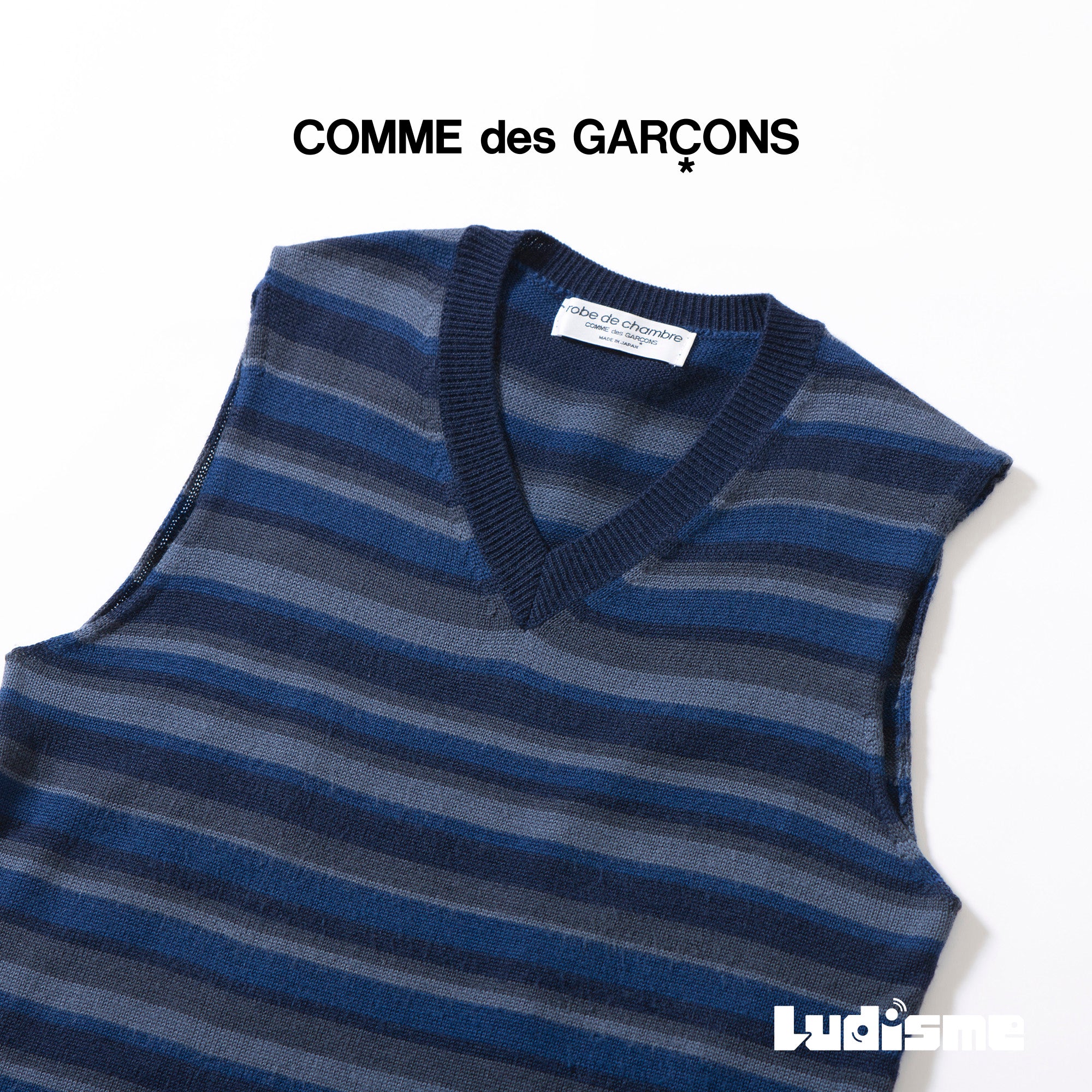 コムデギャルソン robe de chambre COMME des GAR〓ONS AD2002 ニットベスト ボーダー柄 ブルー Vネック マルチボーダー 川久保玲 00s Y2K